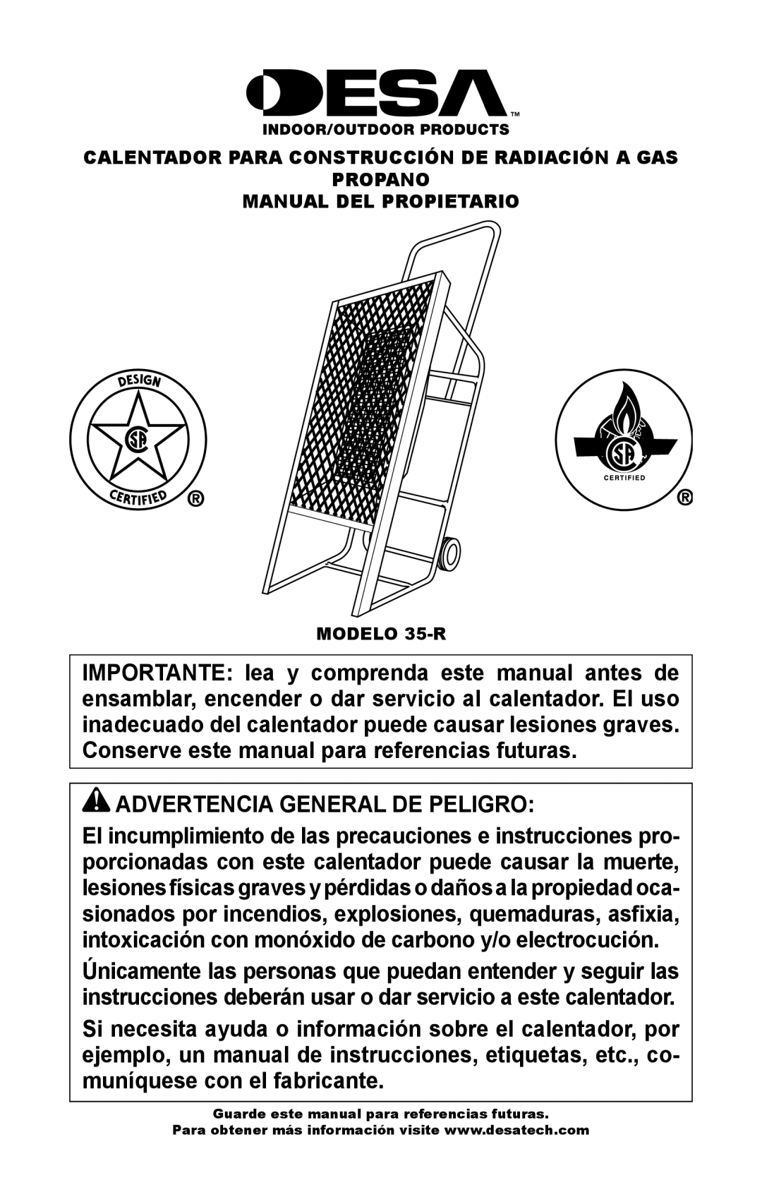 Desa owner manual Advertencia General DE Peligro, Modelo 35-R 