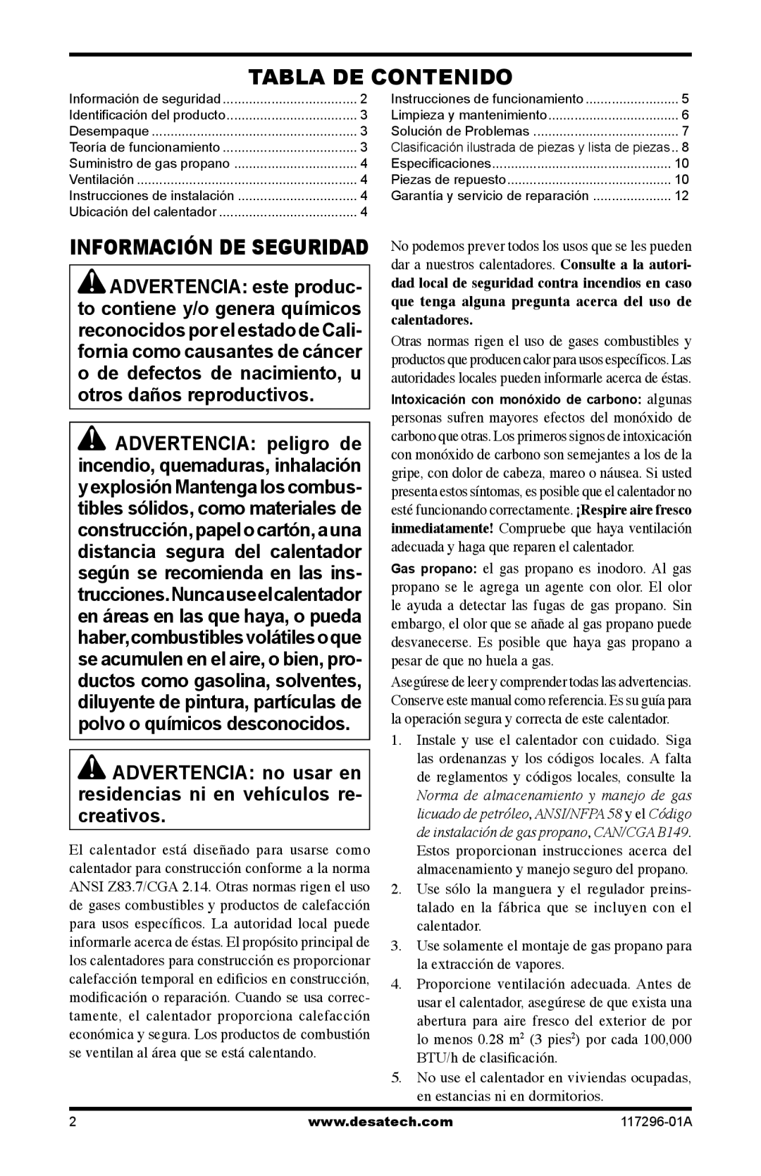 Desa 35-R owner manual Tabla DE Contenido, Información DE Seguridad 