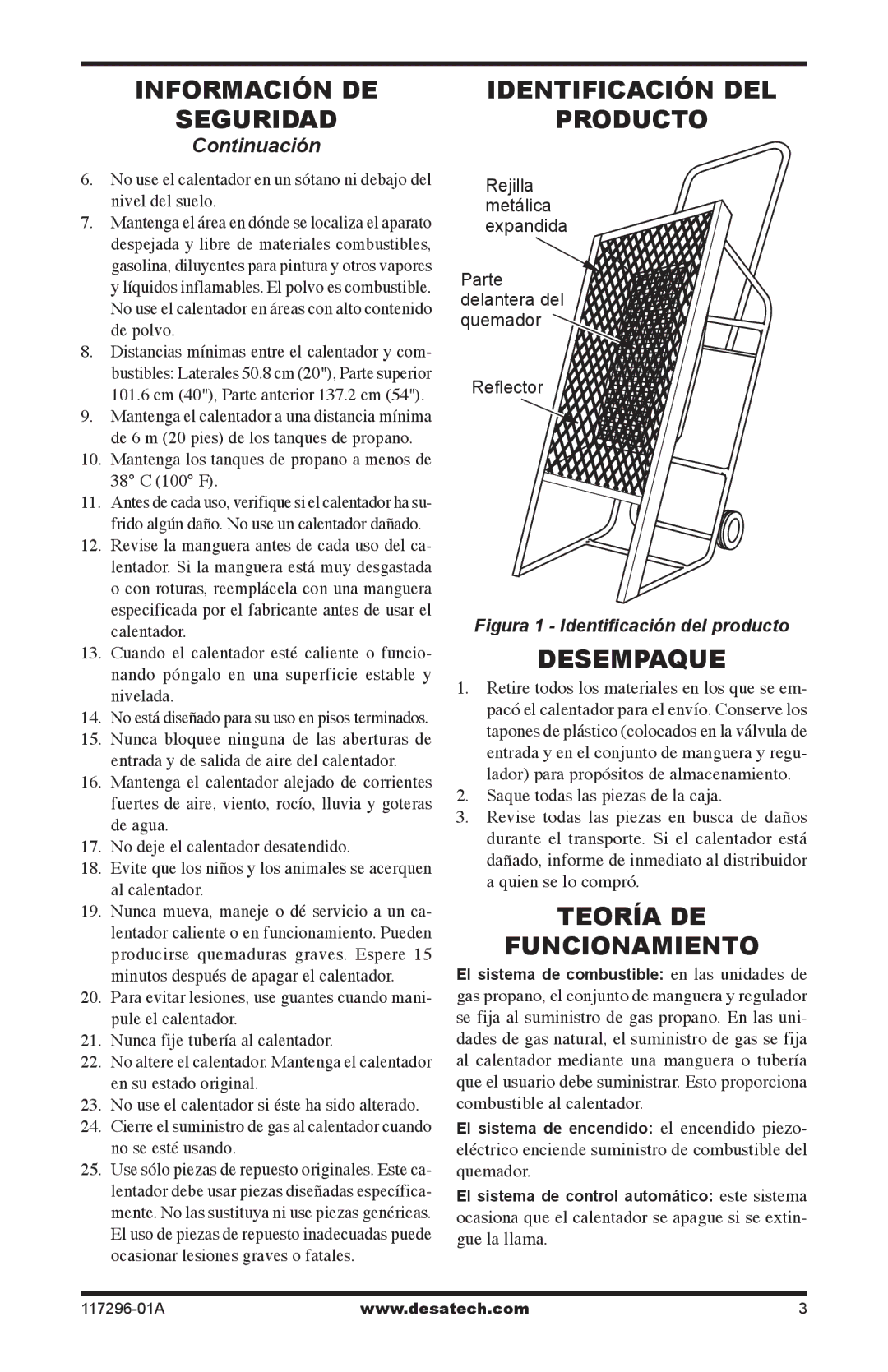 Desa 35-R owner manual Información DE Seguridad, Identificación DEL Producto, Desempaque, Teoría DE Funcionamiento 