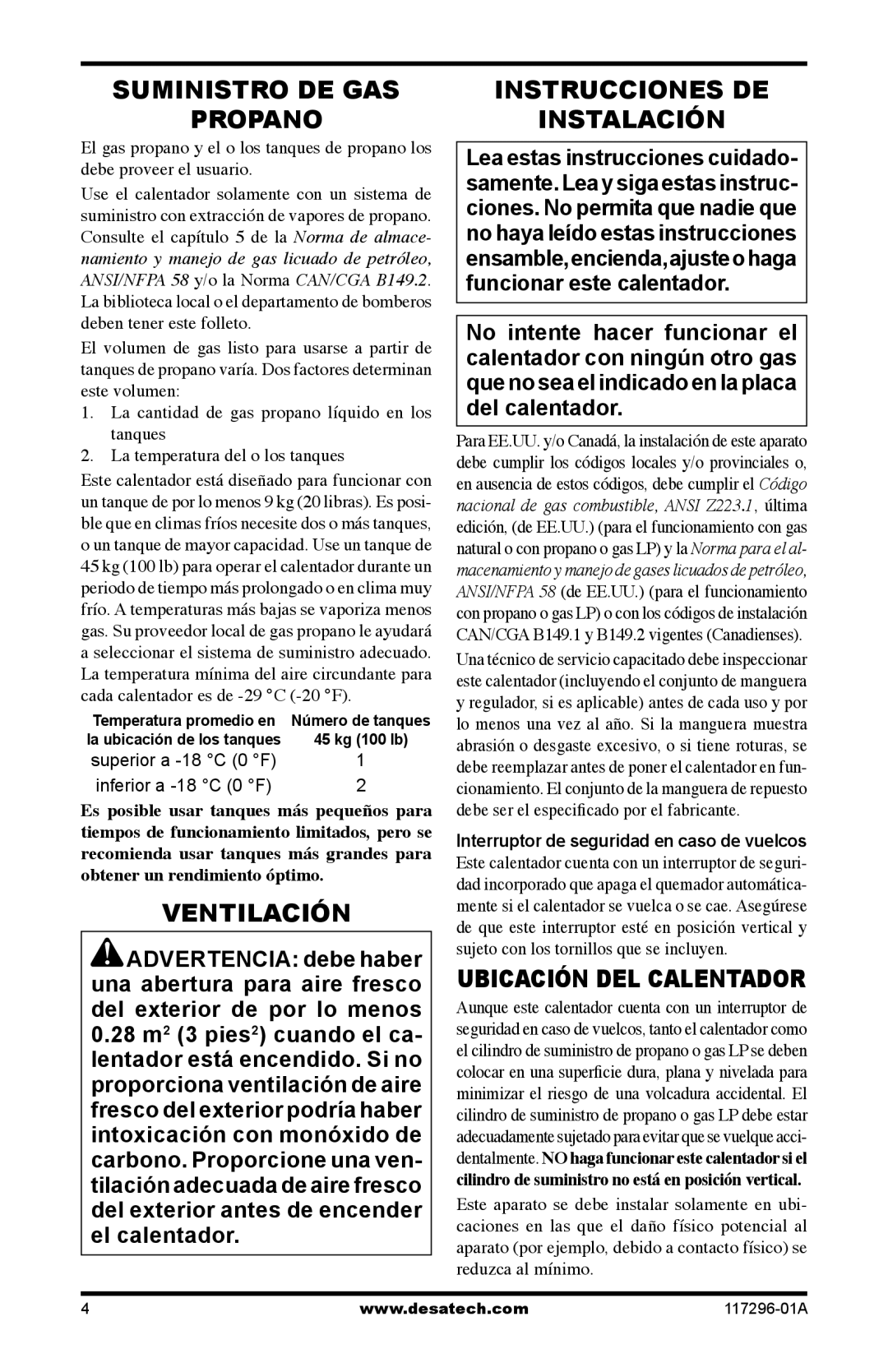 Desa 35-R owner manual Suministro DE GAS Propano, Ventilación, Instrucciones DE Instalación 