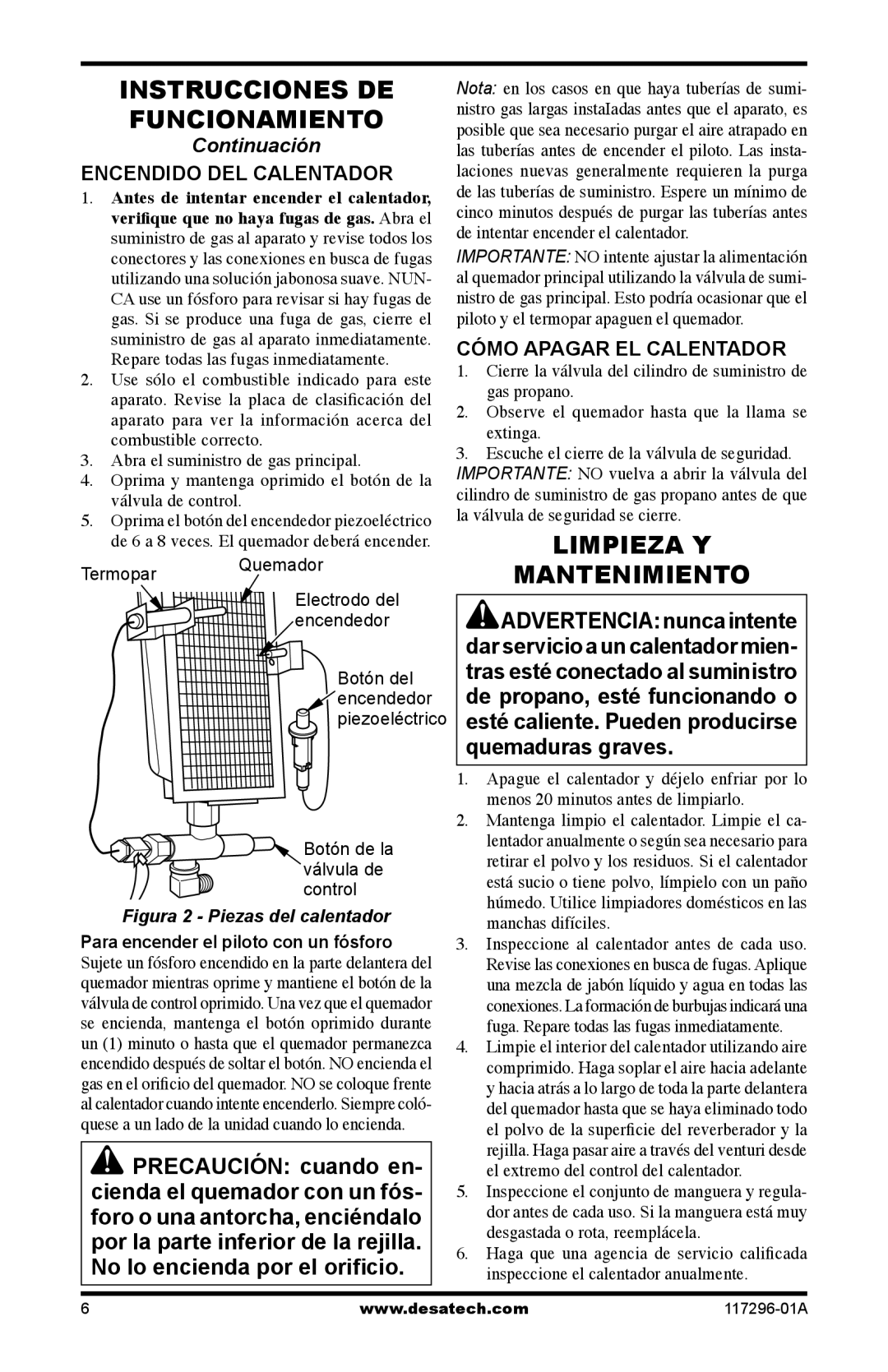 Desa 35-R owner manual Limpieza Y Mantenimiento, Encendido DEL Calentador, Cómo Apagar EL Calentador 