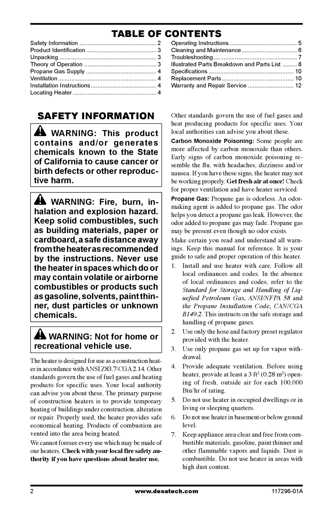 Desa 35-R owner manual Table of Contents, Safety Information 