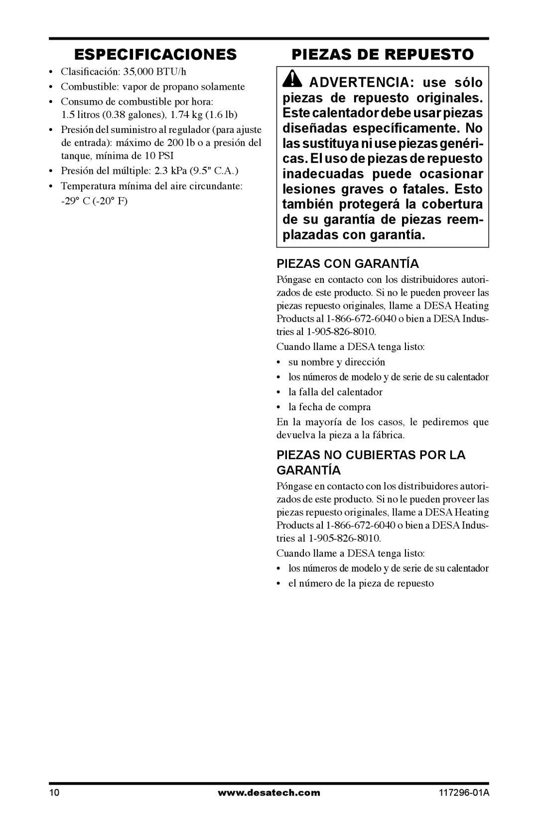 Desa 35-R owner manual Especificaciones, Piezas DE Repuesto, Piezas CON Garantía, Piezas no Cubiertas POR LA Garantía 