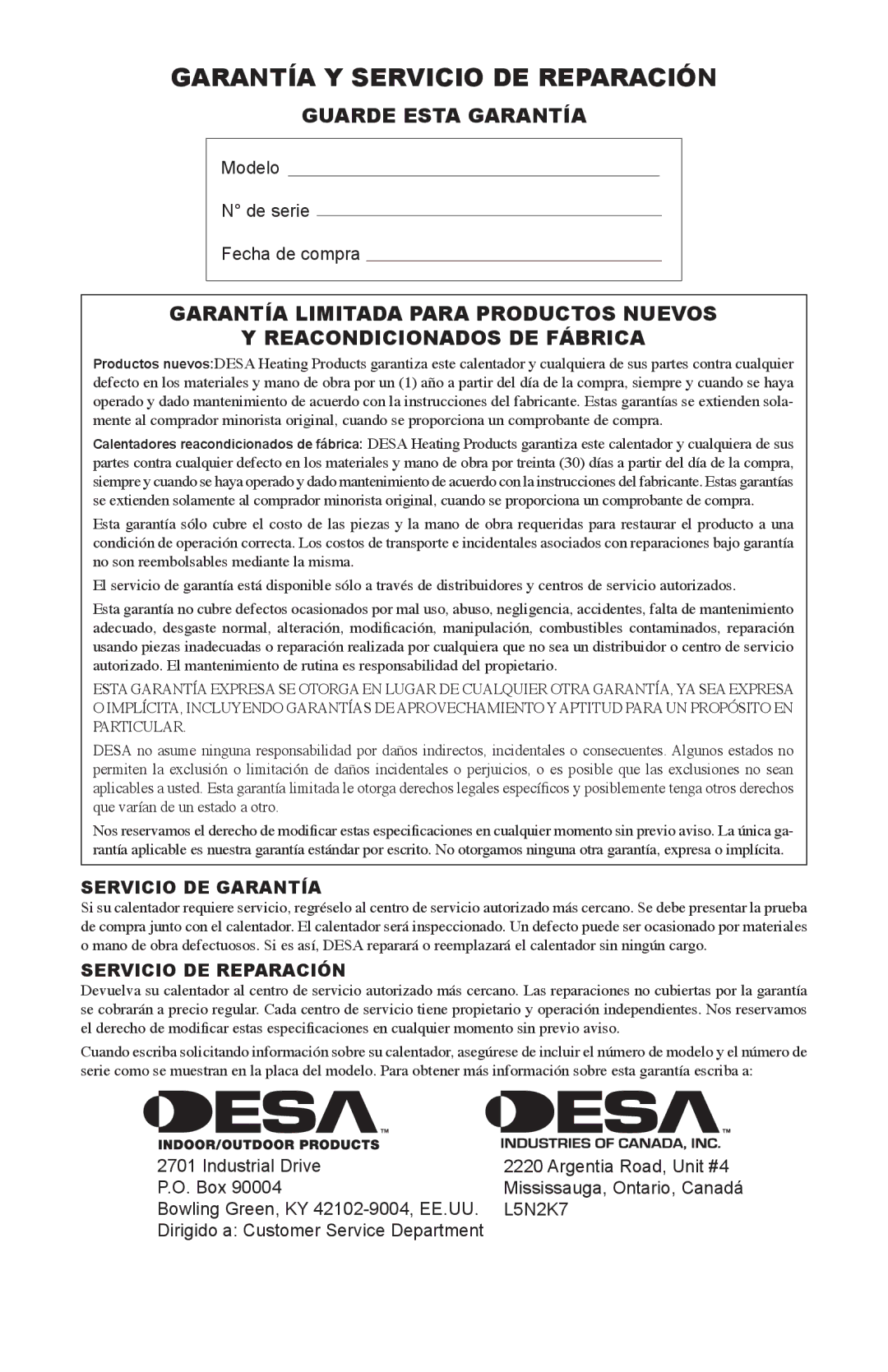 Desa 35-R owner manual Garantía Y Servicio DE Reparación, Guarde Esta Garantía 