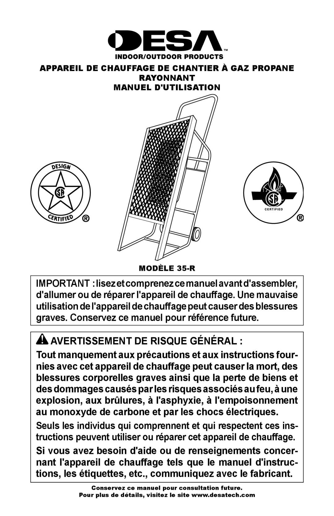 Desa owner manual Avertissement DE Risque Général, Modèle 35-R 