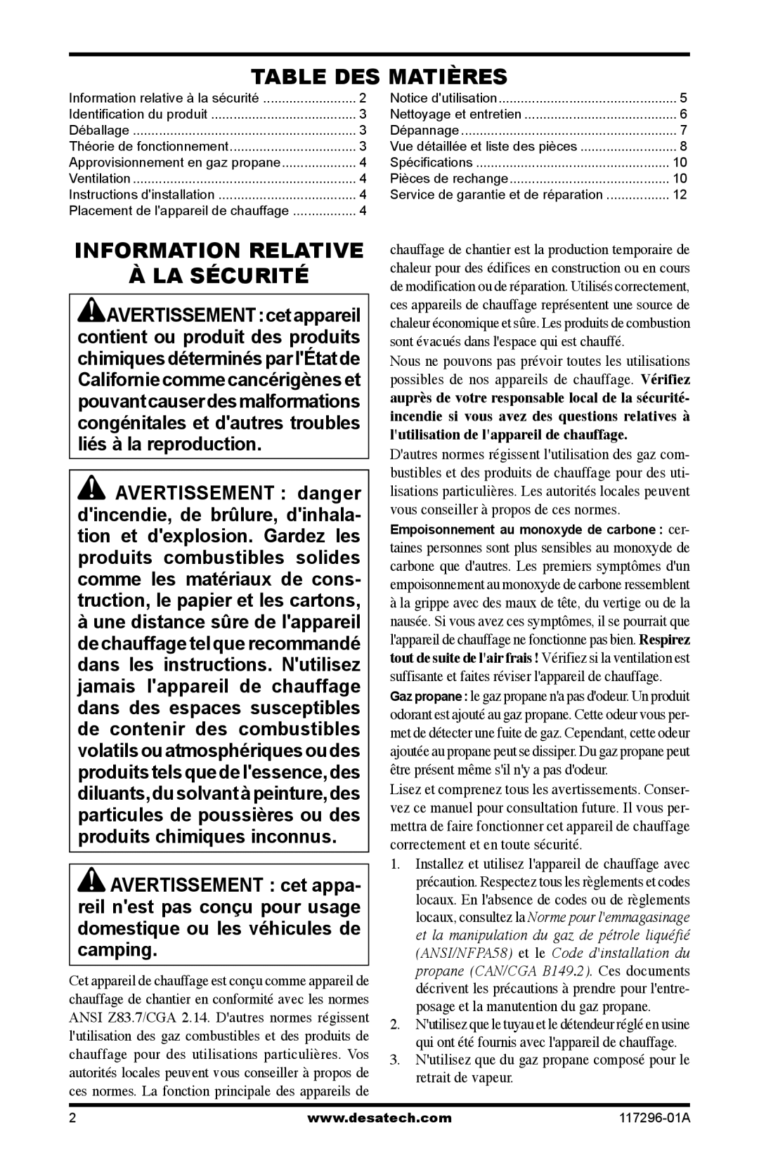 Desa 35-R owner manual Table DES Matières, Information Relative LA Sécurité 