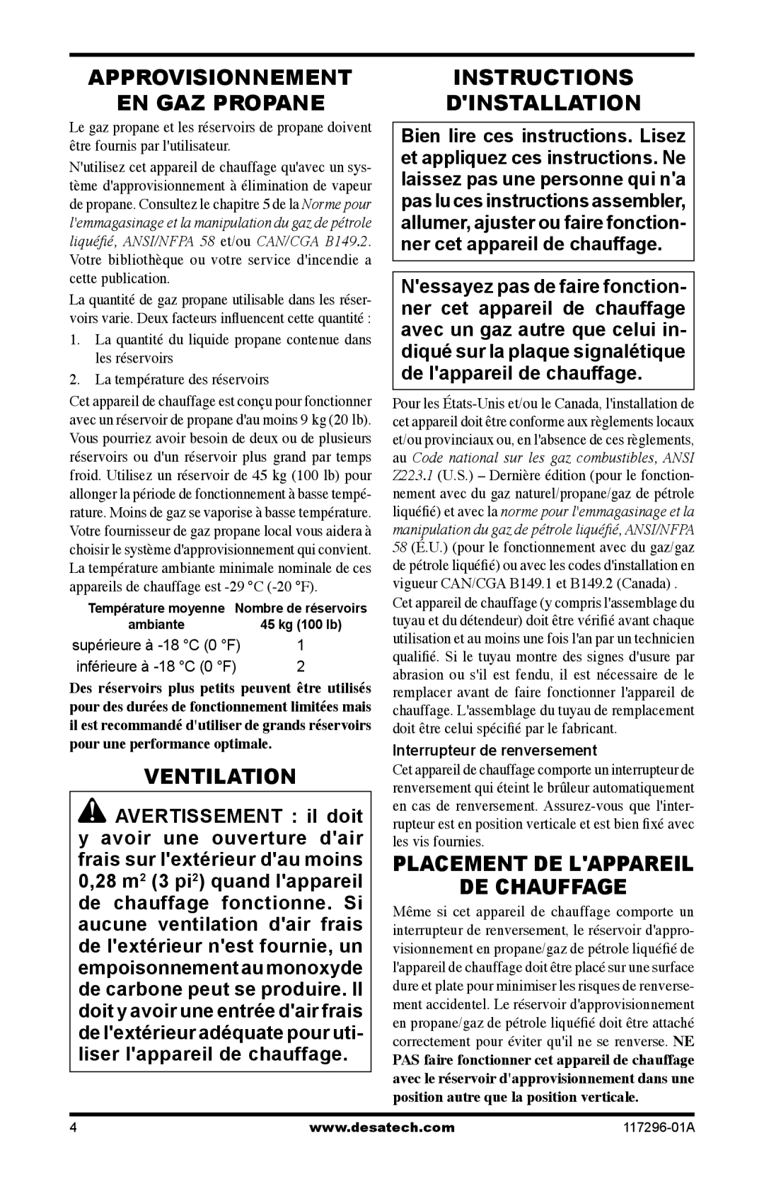 Desa 35-R owner manual Approvisionnement EN GAZ Propane, Instructions Dinstallation, Placement DE Lappareil DE Chauffage 