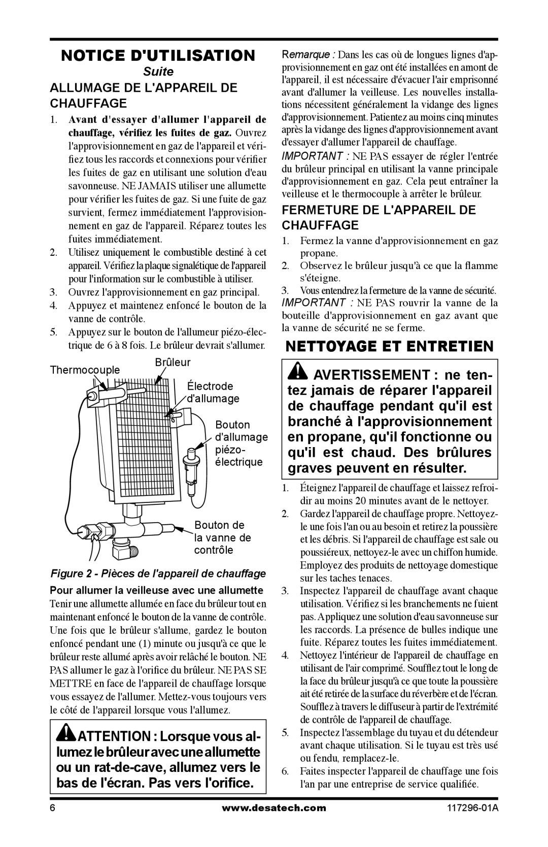 Desa 35-R owner manual Nettoyage ET Entretien, Allumage DE Lappareil DE Chauffage, Fermeture DE Lappareil DE Chauffage 