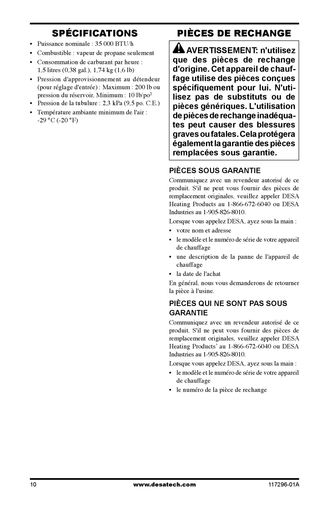 Desa 35-R owner manual Spécifications, Pièces DE Rechange, Pièces Sous Garantie, Pièces QUI NE Sont PAS Sous Garantie 