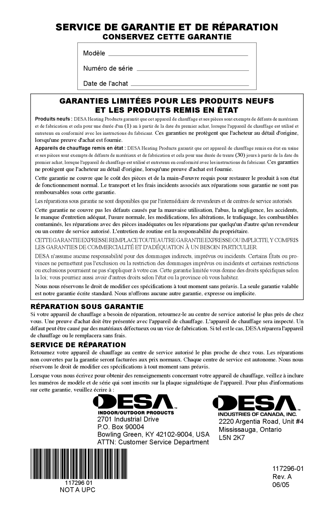 Desa 35-R owner manual Service DE Garantie ET DE Réparation, Conservez Cette Garantie 