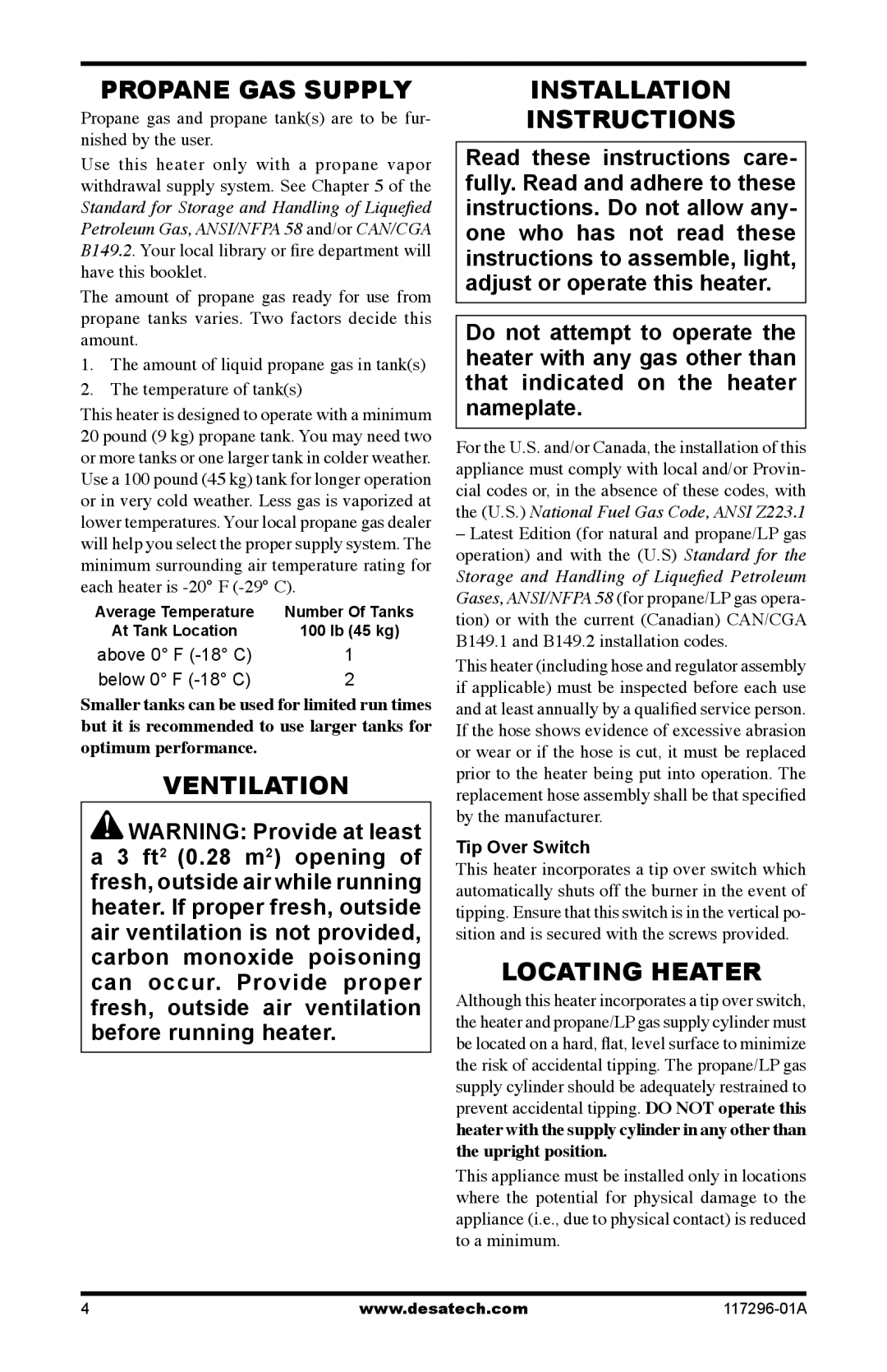 Desa 35-R owner manual Propane GAS Supply, Ventilation, Installation Instructions, Locating Heater 