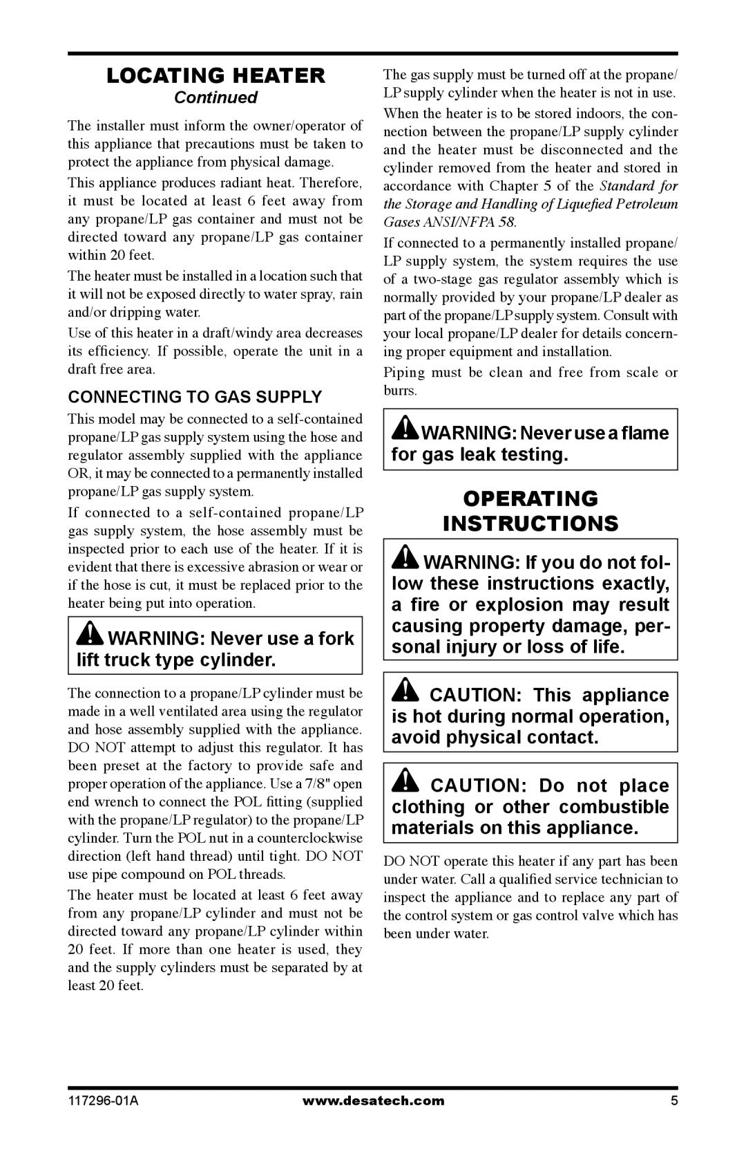 Desa 35-R owner manual Operating Instructions, Connecting to GAS Supply 