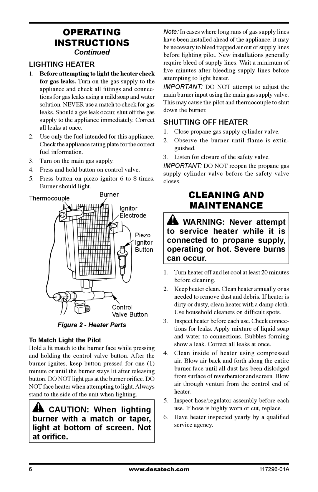 Desa 35-R owner manual Cleaning Maintenance, Lighting Heater, Shutting OFF Heater 