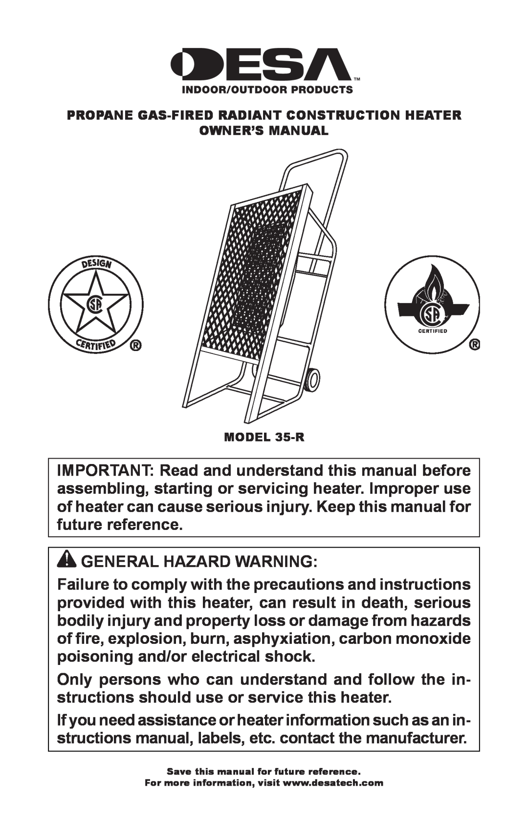 Desa 35-R owner manual General Hazard Warning 