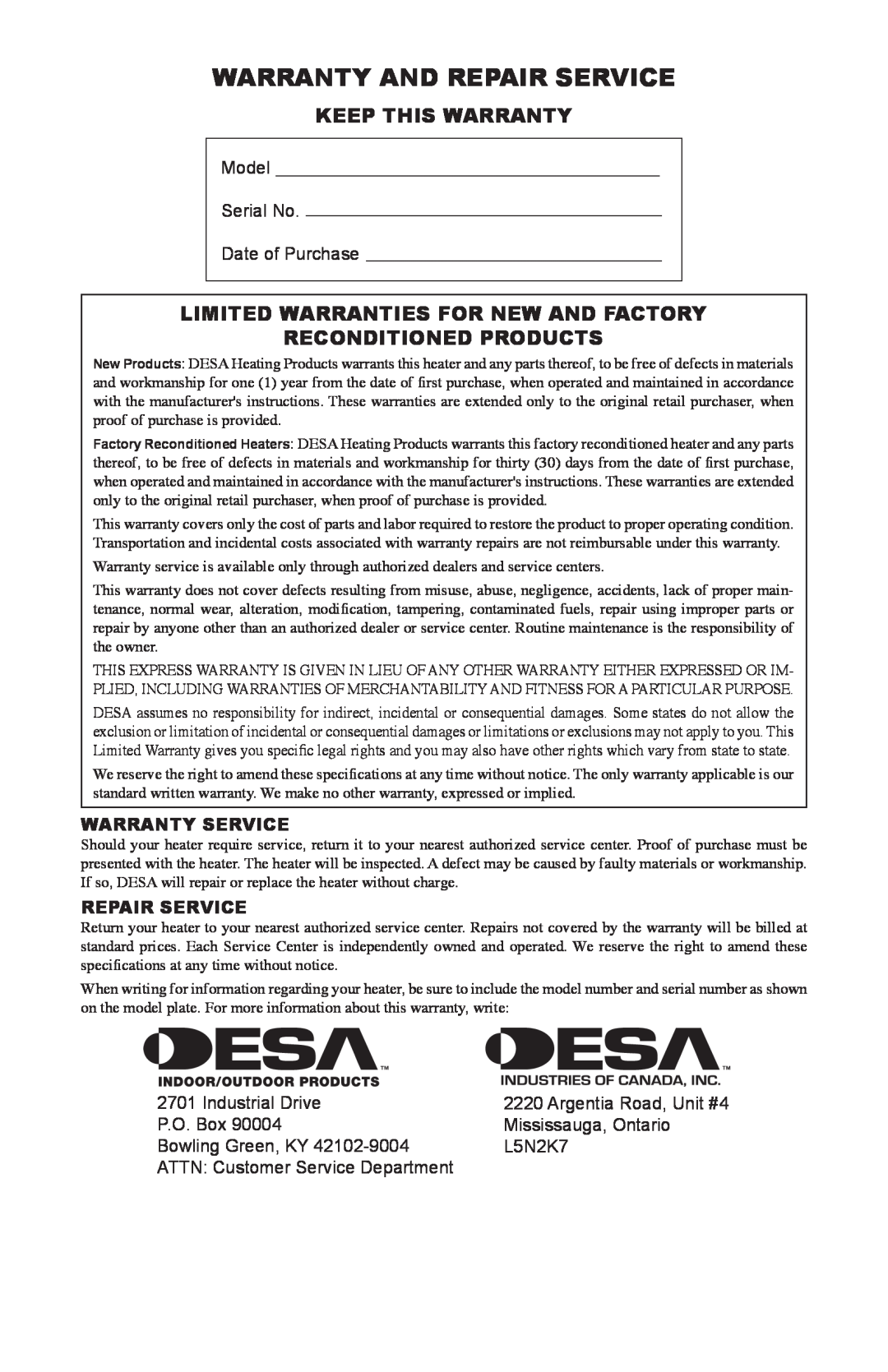 Desa 35-R Warranty And Repair Service, Keep This Warranty, Limited Warranties For New And Factory, Reconditioned Products 