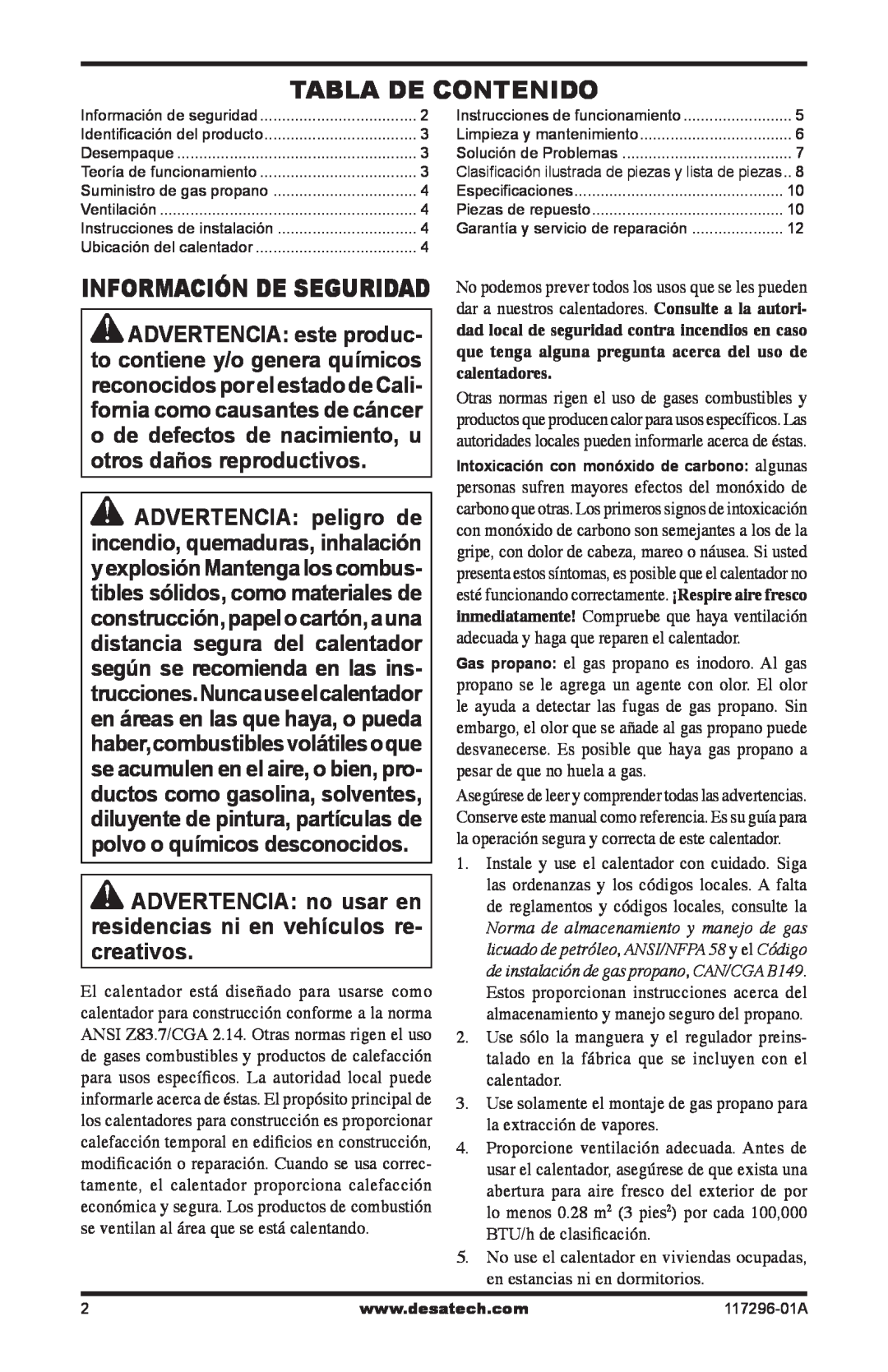 Desa 35-R owner manual Tabla De Contenido, Información De Seguridad 