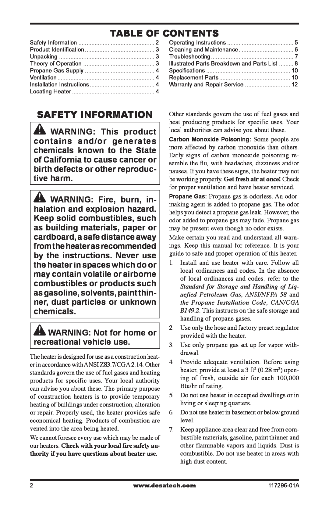 Desa 35-R owner manual Table Of Contents, Safety Information, WARNING Not for home or recreational vehicle use 
