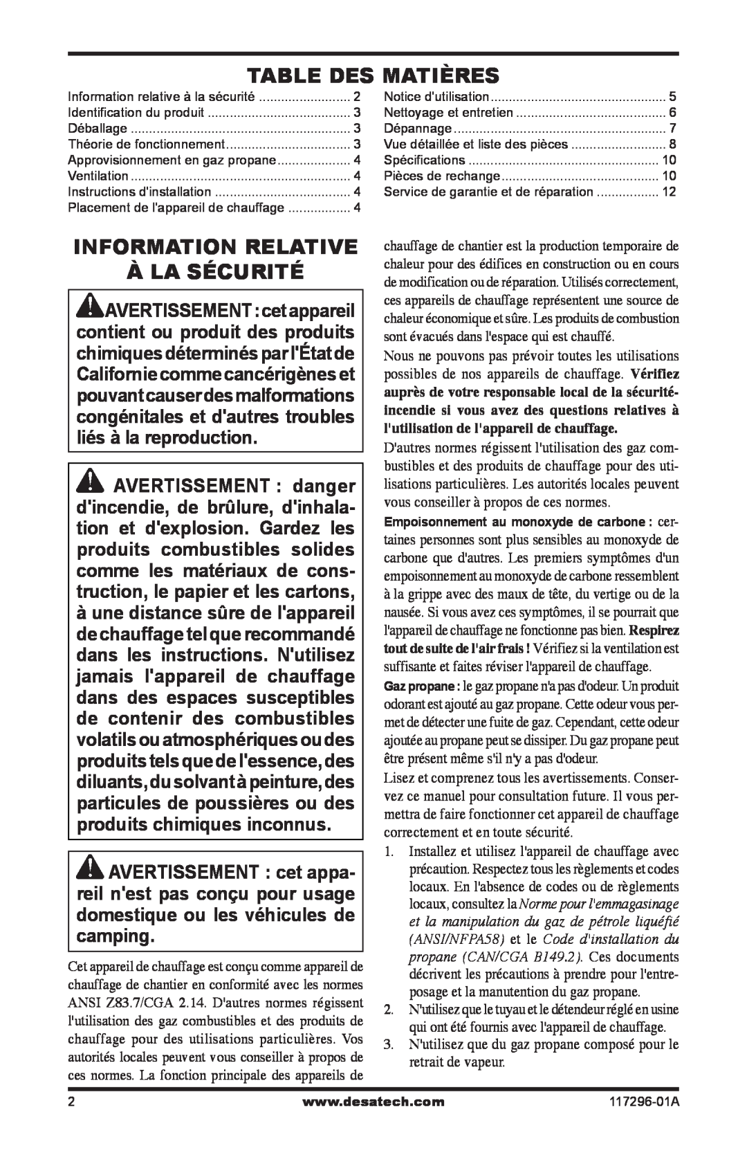Desa 35-R owner manual Table Des Matières, Information Relative À La Sécurité 