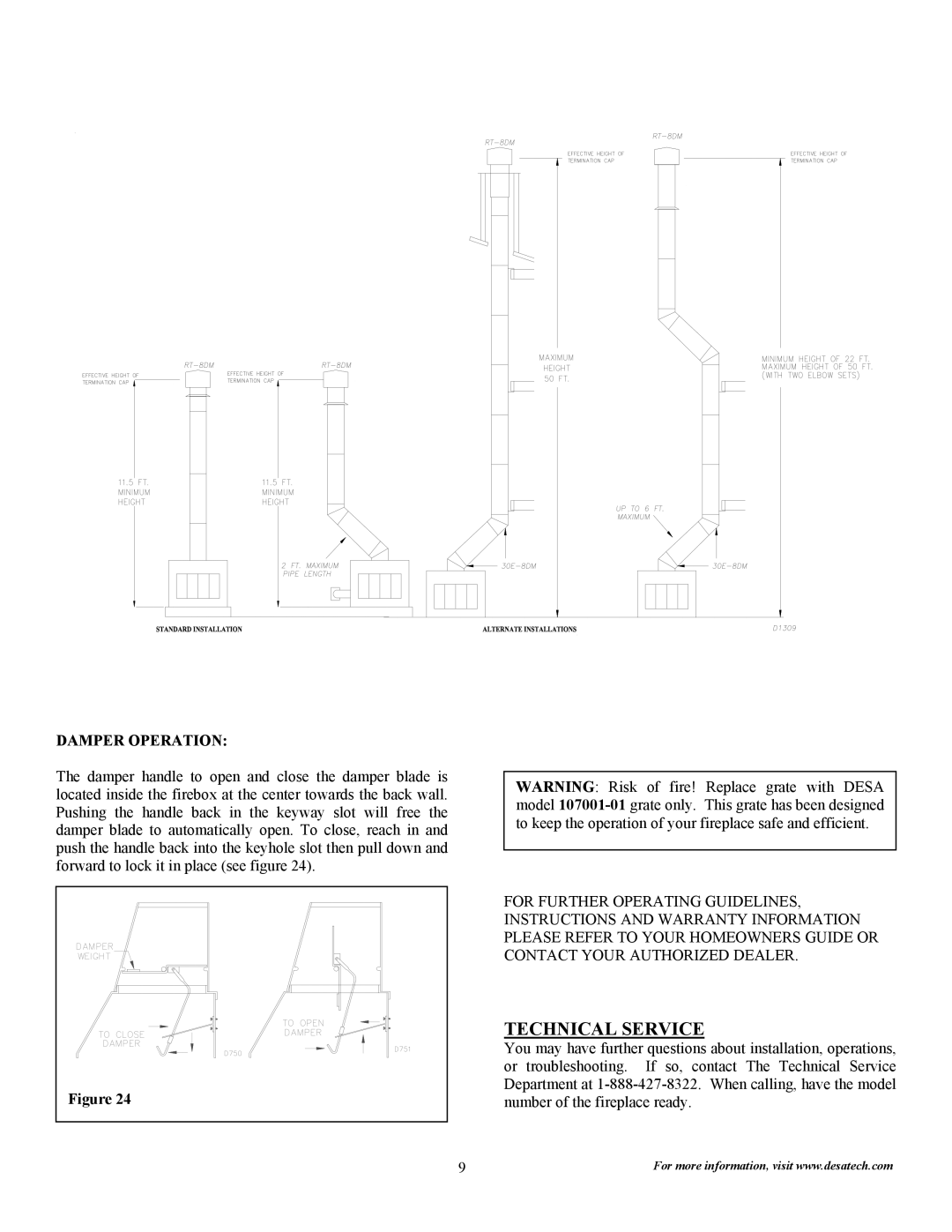 Desa 36WL, 36WIS, 36WIL, 36WS installation instructions Technical Service, Damper Operation 