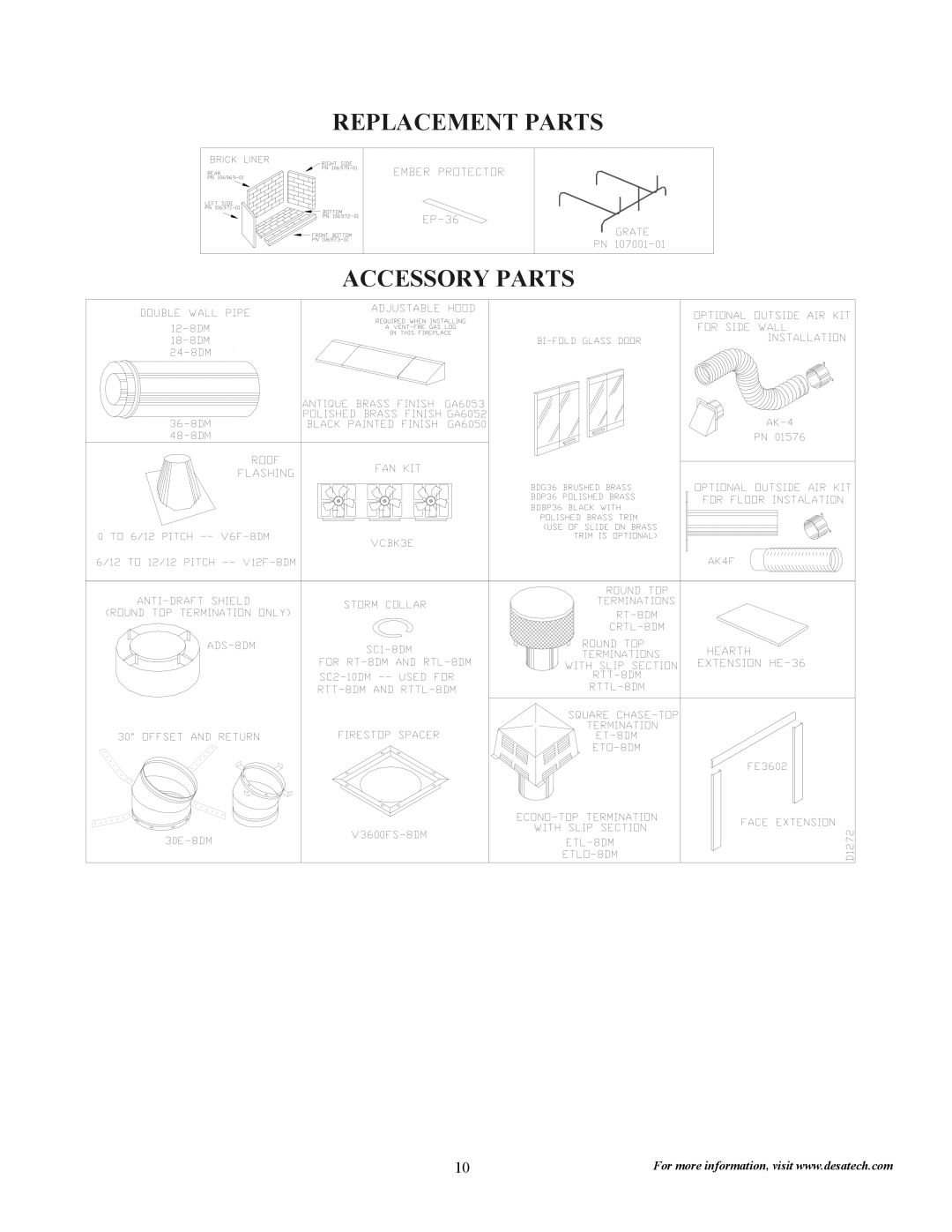 Desa 36WS, 36WIS, 36WIL, 36WL installation instructions Replacement Parts Accessory Parts 