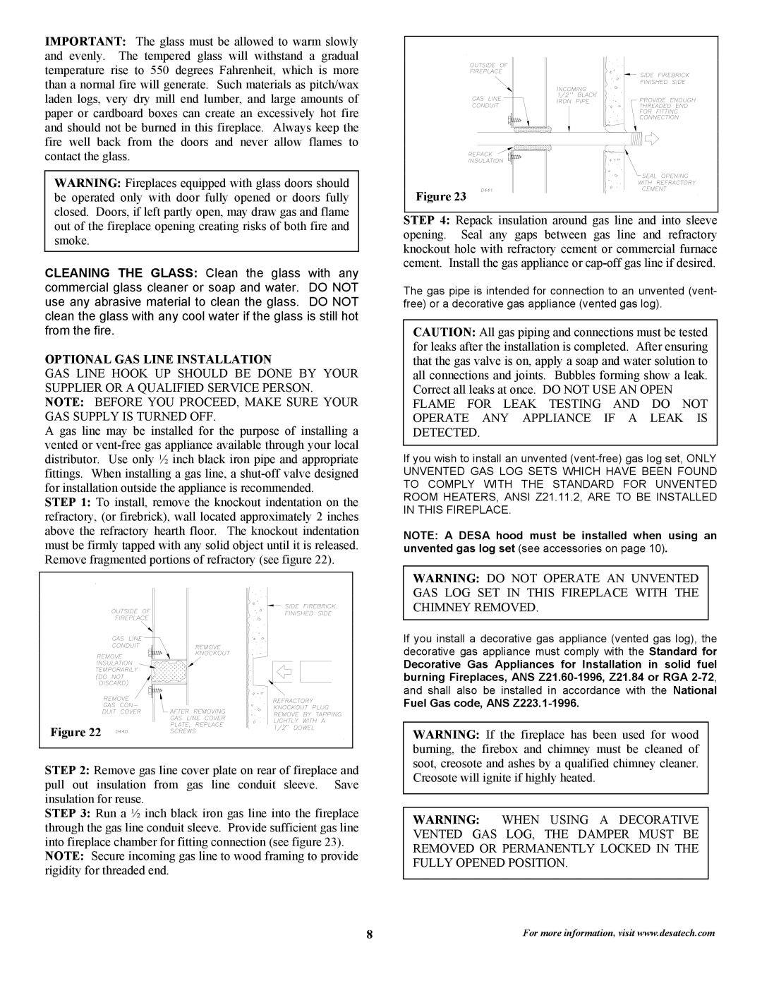 Desa 36WIL, 36WIS, 36WL, 36WS installation instructions Optional GAS Line Installation 