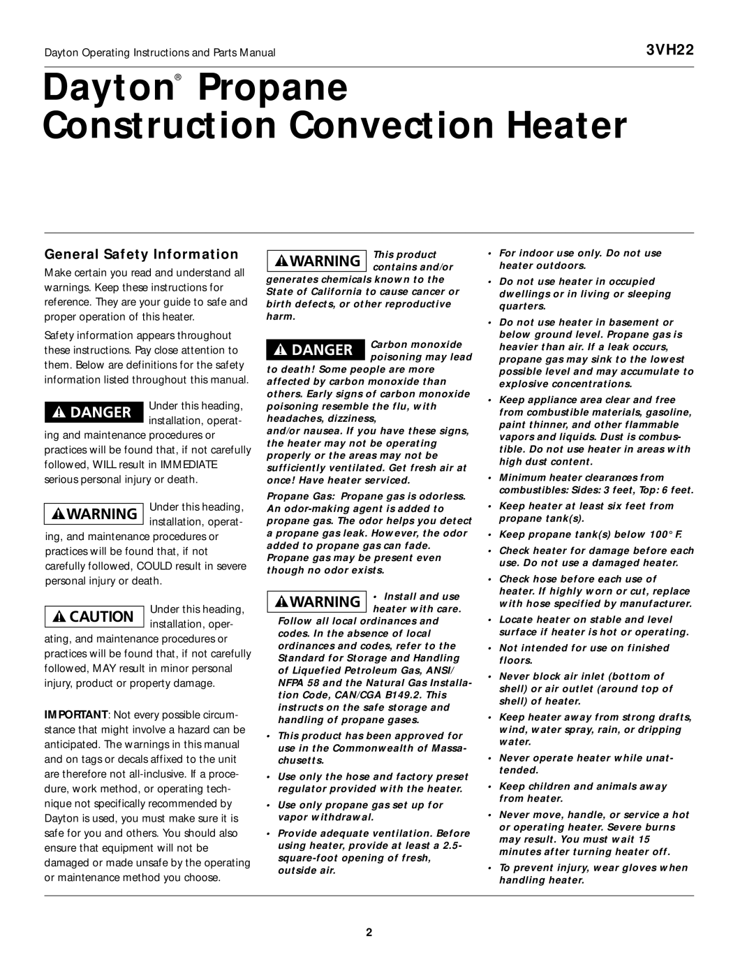 Desa 3VH22 instruction manual Dayton Propane Construction Convection Heater, General Safety Information 