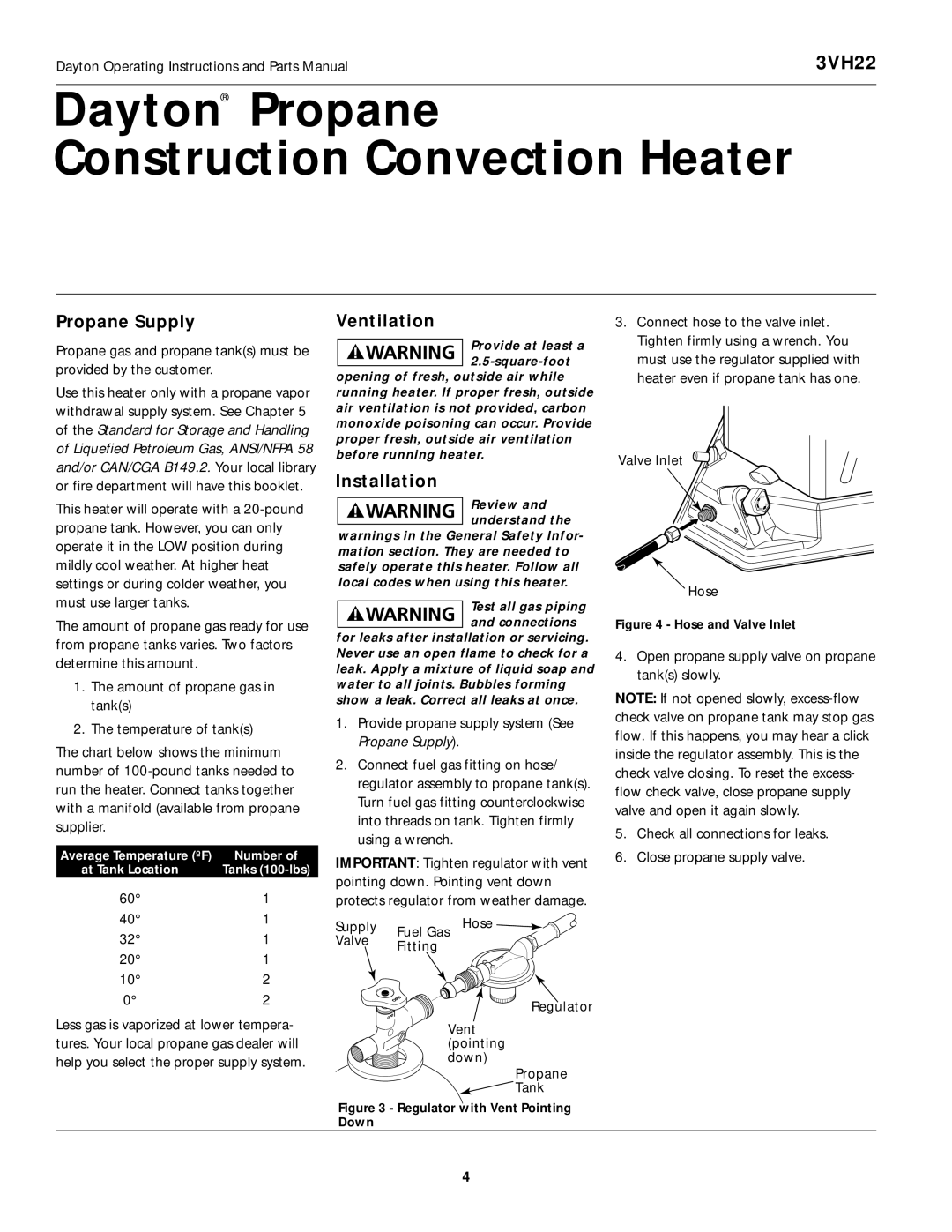 Desa 3VH22 instruction manual Propane Supply, Ventilation, Installation 