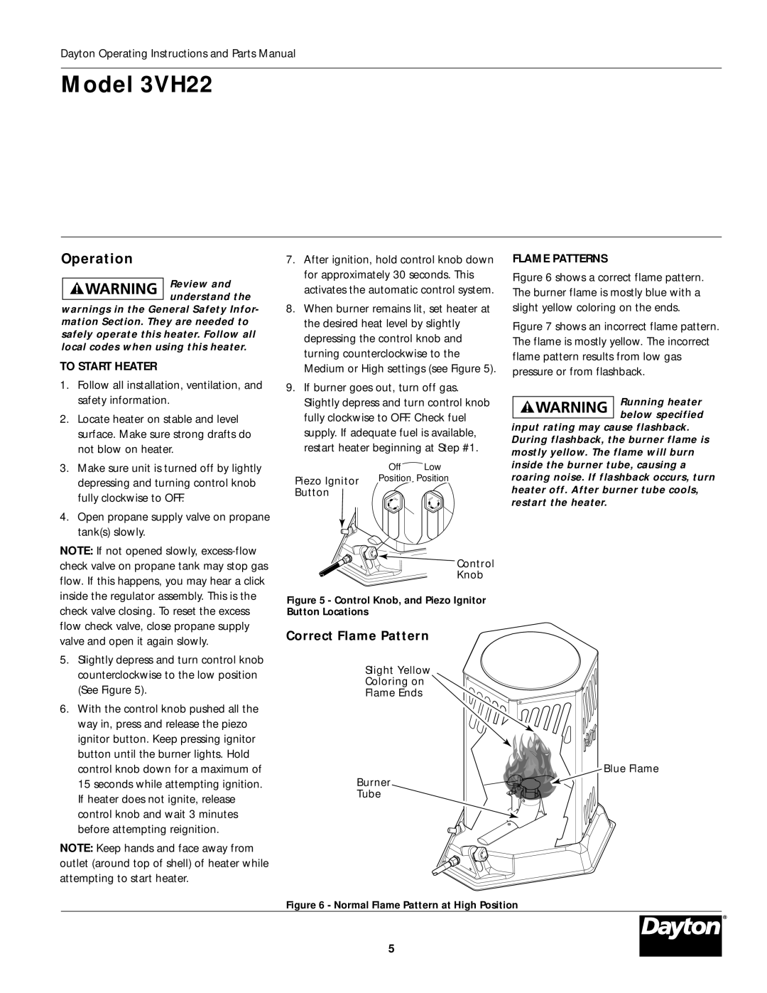 Desa 3VH22 instruction manual Operation, To Start Heater, Flame Patterns 