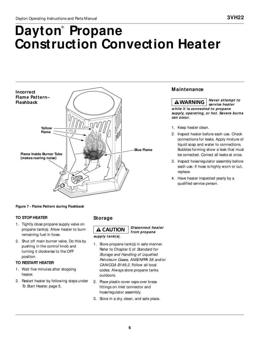 Desa 3VH22 instruction manual Maintenance, Storage, To Stop Heater, To Restart Heater 