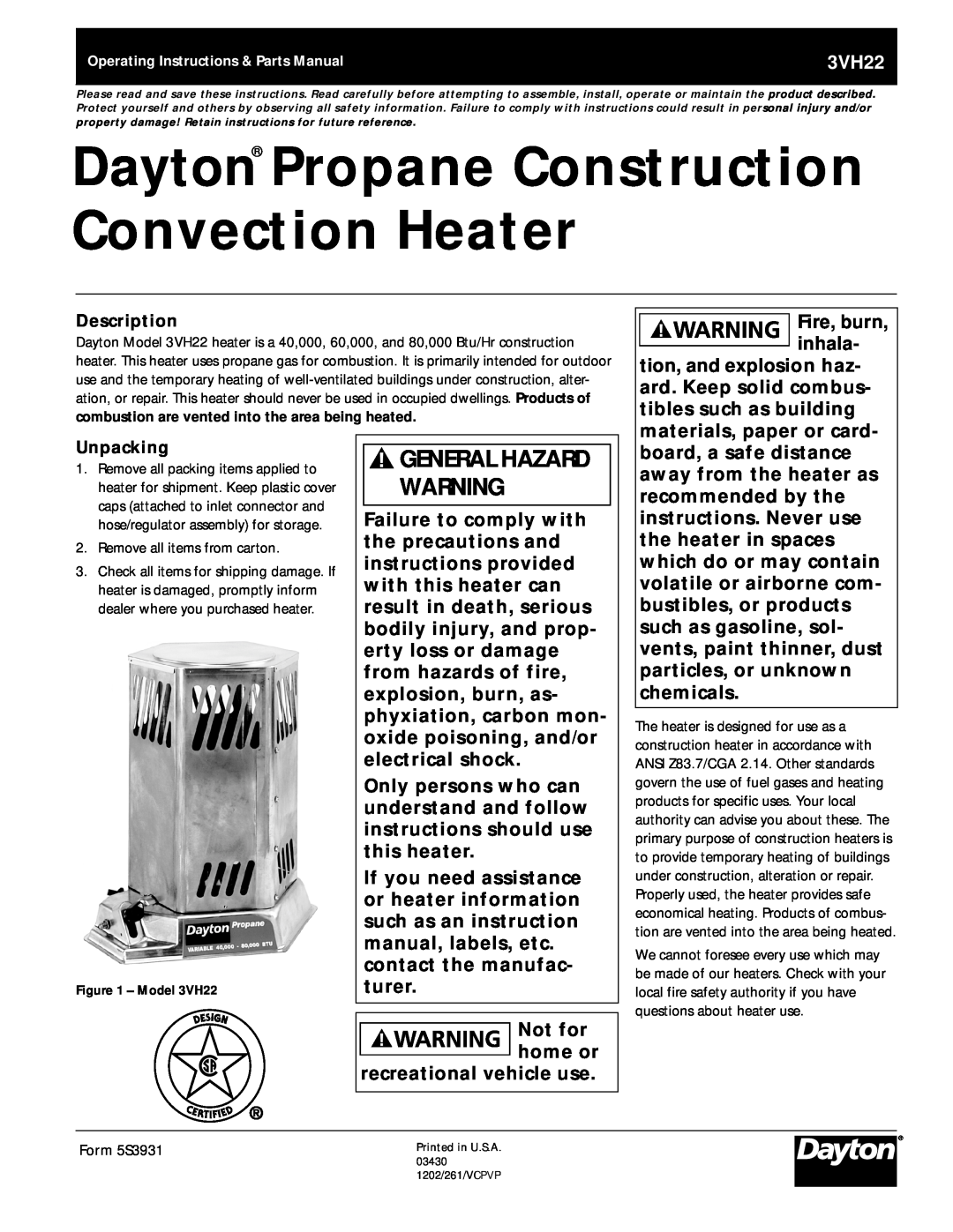 Desa 3VH22 instruction manual Dayton Propane Construction Convection Heater, General Hazard Warning 