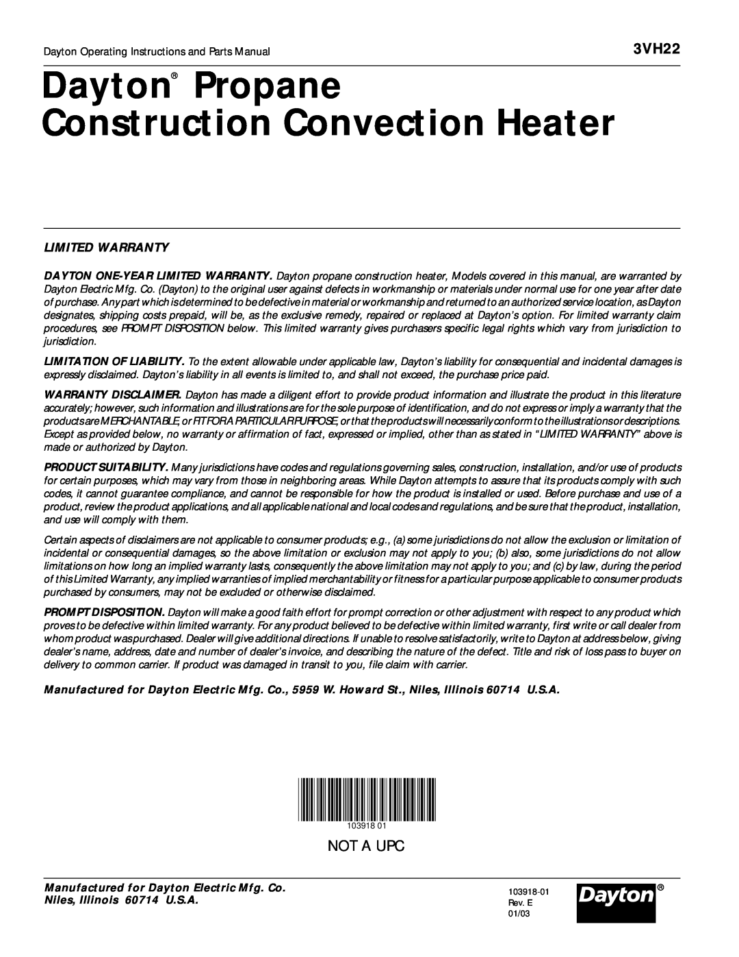 Desa 3VH22 instruction manual Dayton Propane Construction Convection Heater, Not A Upc, Limited Warranty 