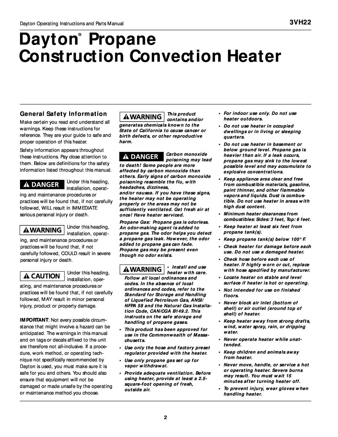 Desa 3VH22 instruction manual Dayton Propane Construction Convection Heater, General Safety Information 
