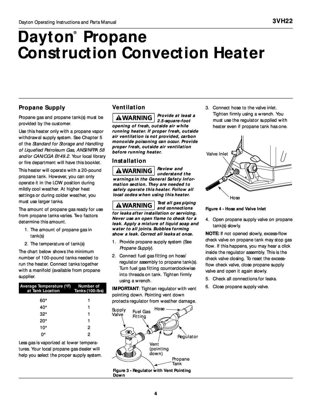 Desa 3VH22 instruction manual Dayton Propane Construction Convection Heater, Propane Supply, Ventilation, Installation 