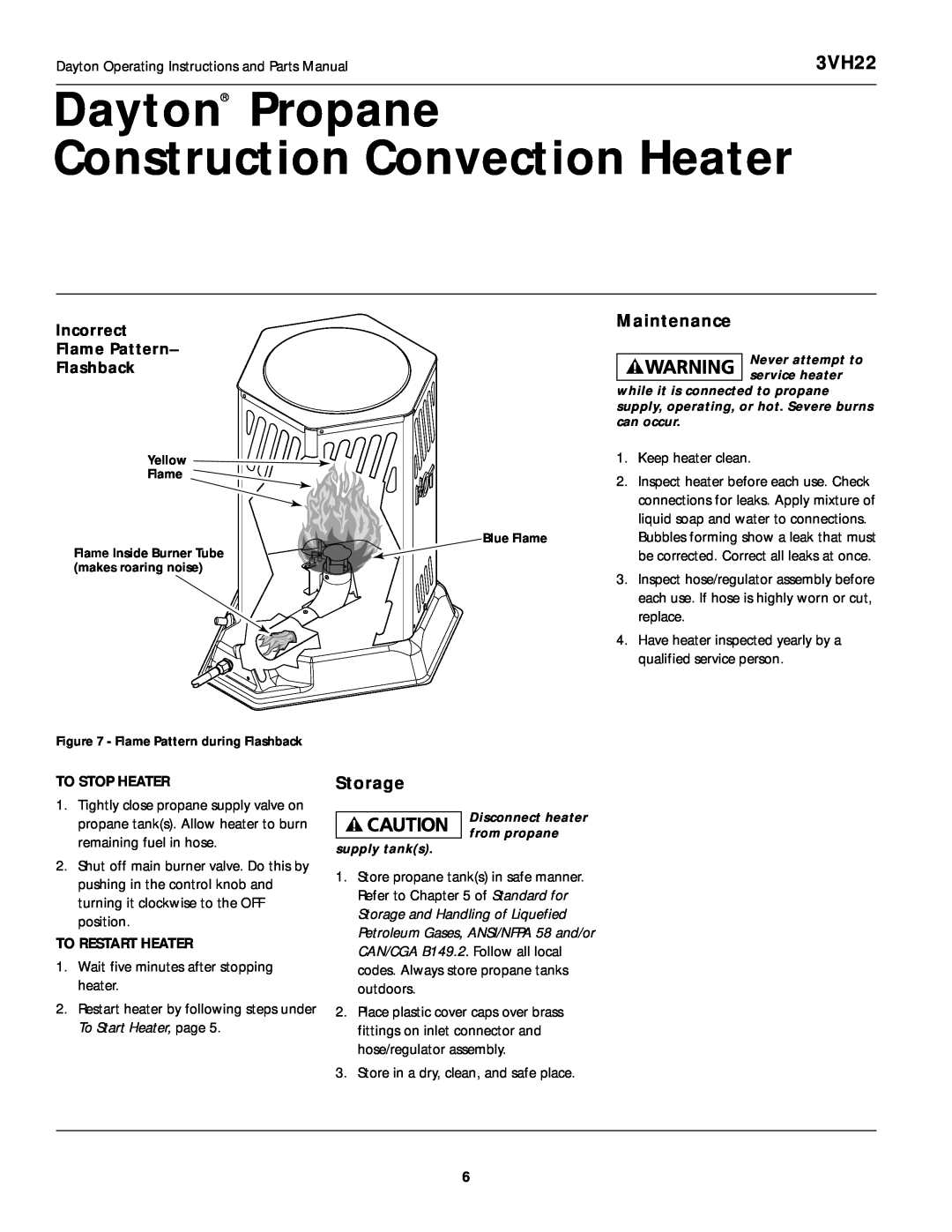 Desa 3VH22 Dayton Propane Construction Convection Heater, Maintenance, Storage, Incorrect Flame Pattern- Flashback 