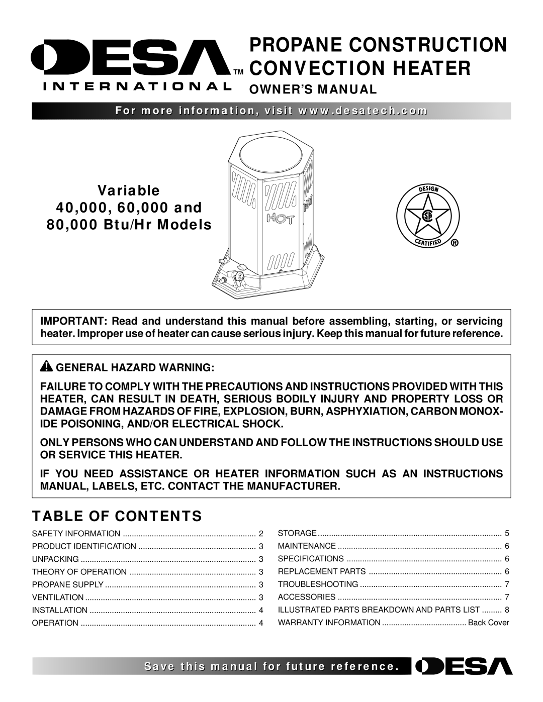 Desa 80, 40, 60 owner manual Propane Construction TM Convection Heater, Table of Contents 