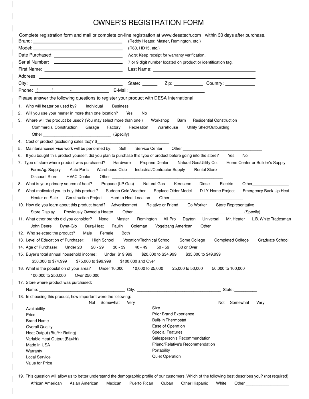 Desa 60, 40, 80 owner manual Owners Registration Form 