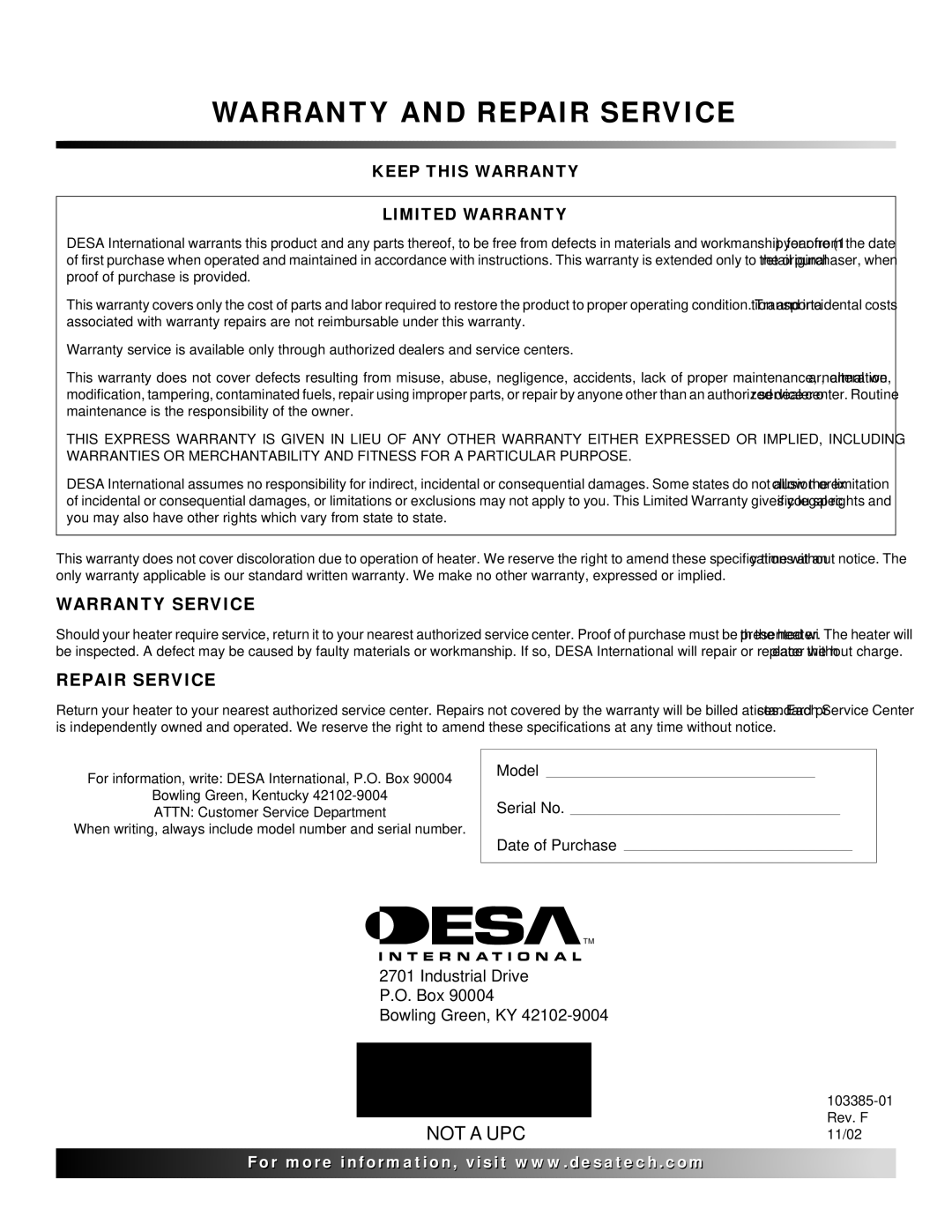 Desa 60, 40, 80 owner manual Warranty and Repair Service 