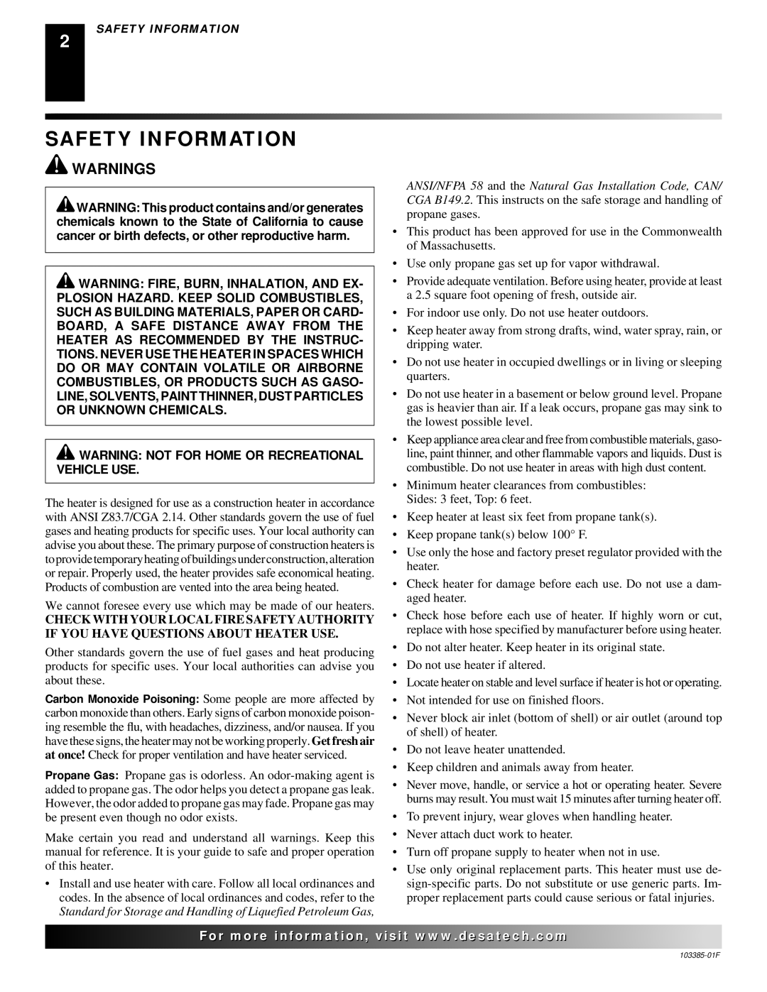 Desa 60, 40, 80 owner manual Safety Information 