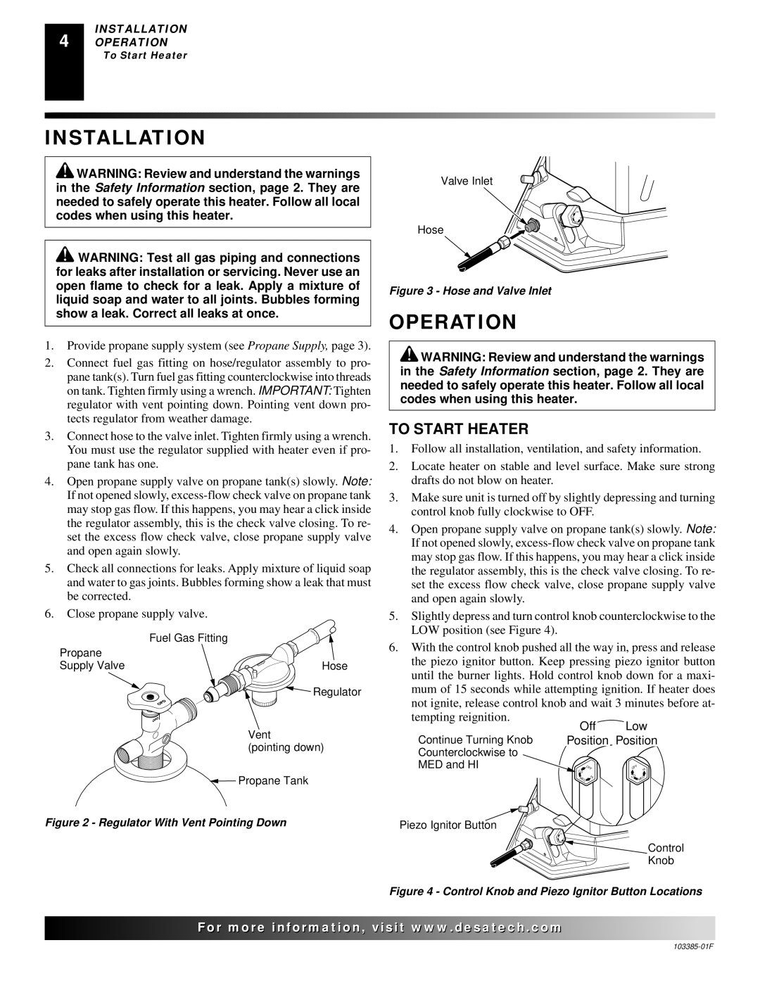 Desa 80, 40, 60 owner manual Installation, Operation, To Start Heater 