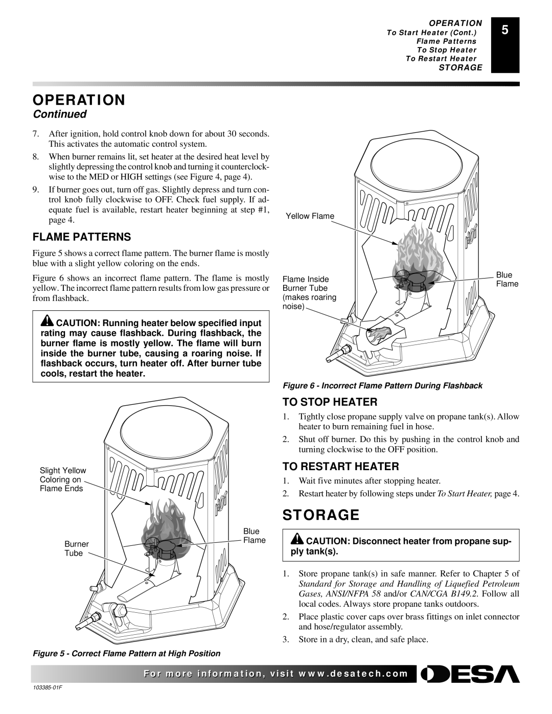 Desa 60, 40, 80 owner manual Storage, Flame Patterns, To Stop Heater, To Restart Heater 