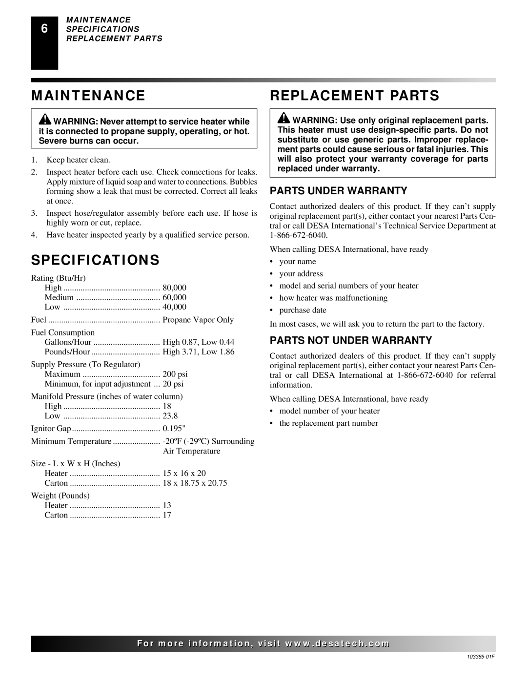 Desa 40, 80, 60 owner manual Maintenance Replacement Parts, Specifications, Parts Under Warranty, Parts not Under Warranty 