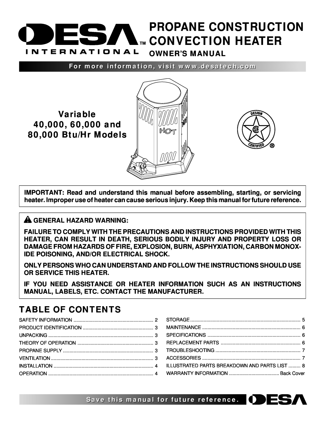 Desa owner manual Variable 40,000, 60,000 and 80,000 Btu/Hr Models, Table Of Contents, Save this manual for future 