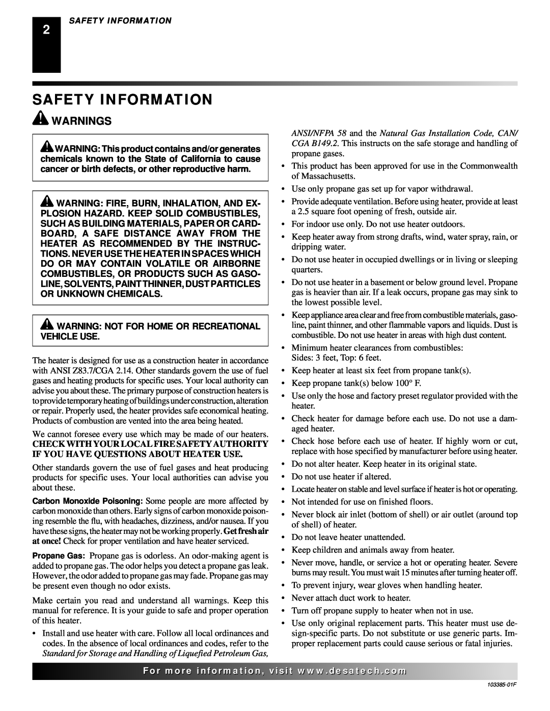 Desa 60, 40, 80 owner manual Safety Information, Warnings 