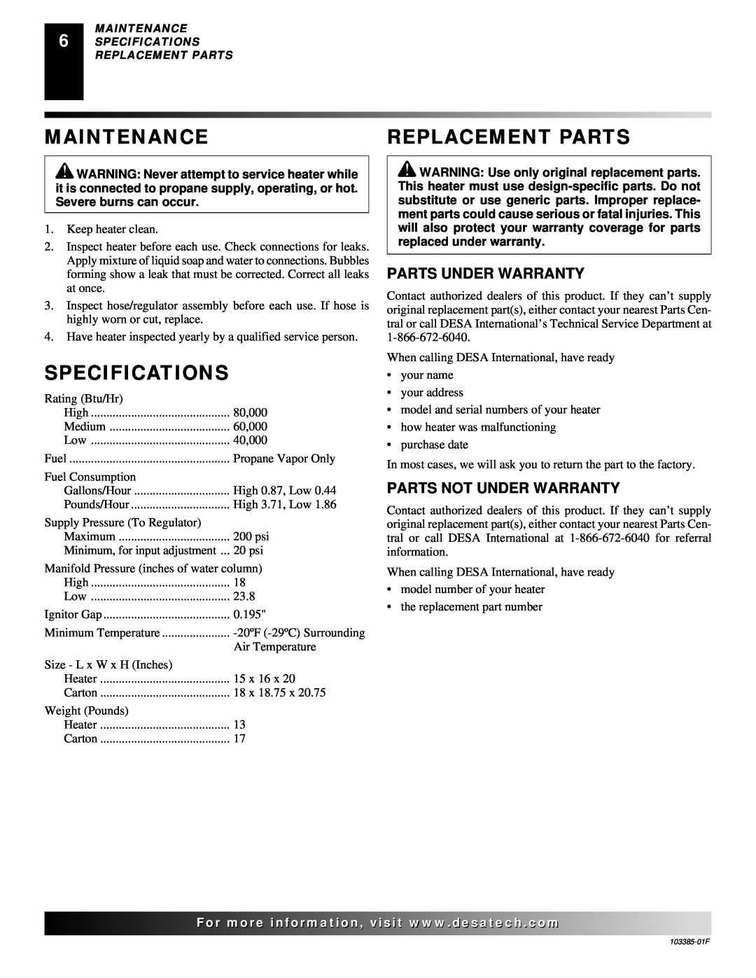 Desa 40, 80, 60 owner manual Maintenance, Replacement Parts, Specifications, Parts Under Warranty, Parts Not Under Warranty 