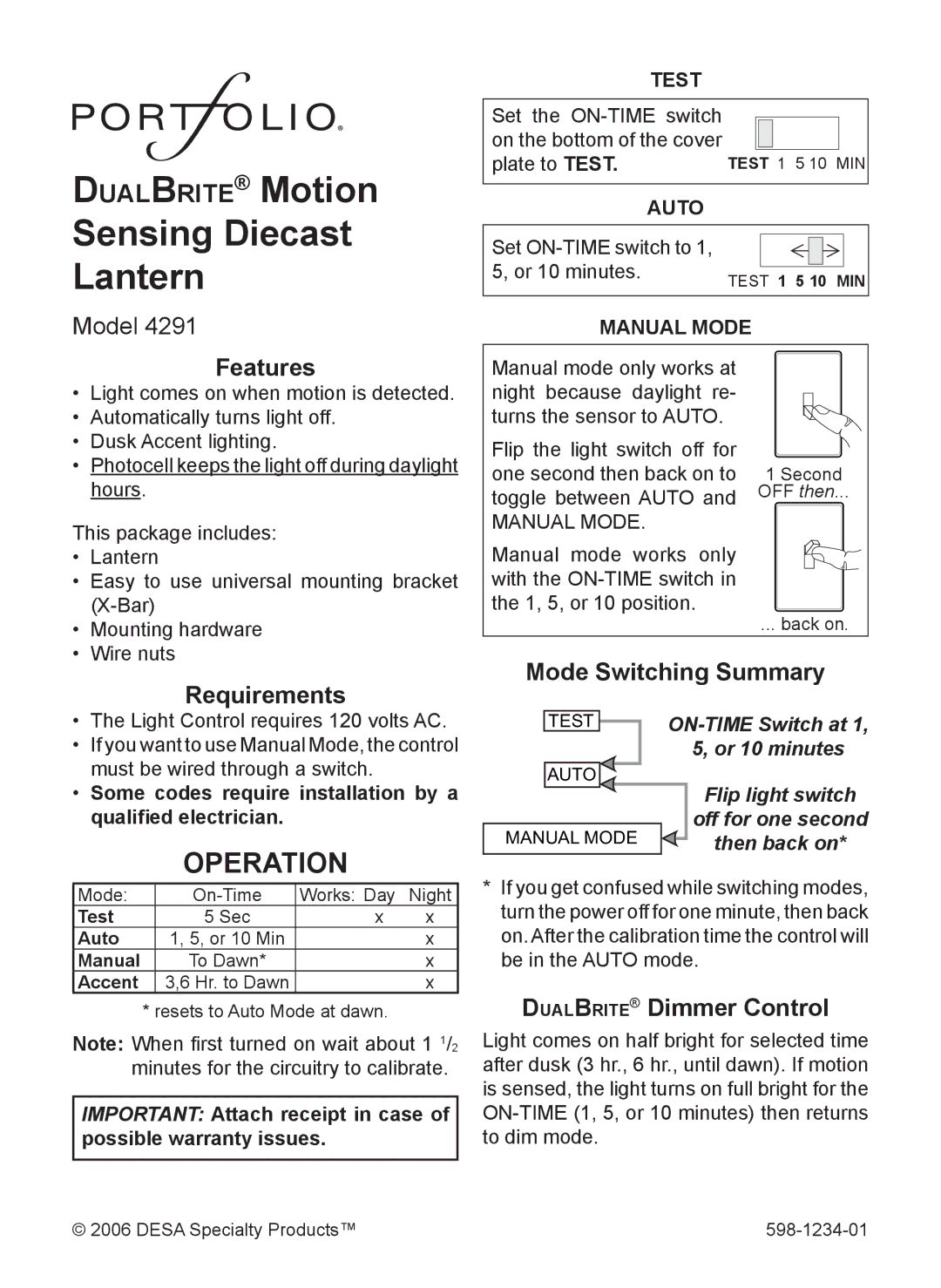 Desa 4291 warranty Operation, Features, Requirements, Mode Switching Summary, Dualbrite Dimmer Control 