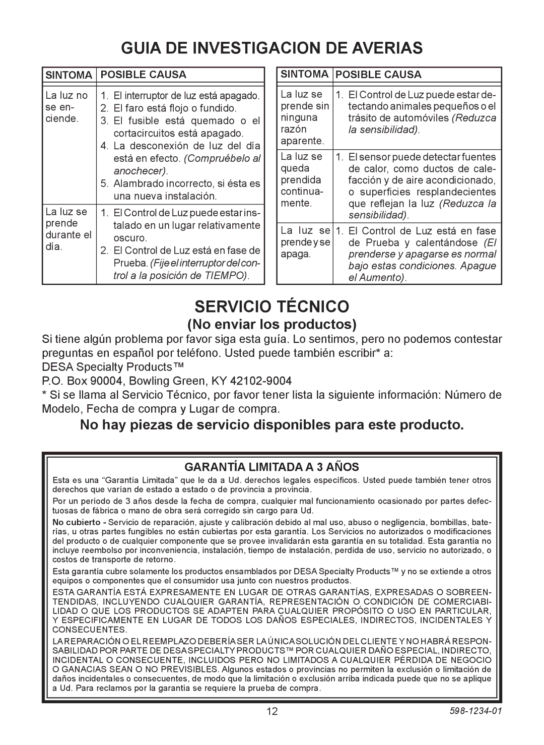 Desa 4291 warranty Guia DE Investigacion DE Averias, Servicio Técnico, No enviar los productos, Garantía Limitada a 3 Años 