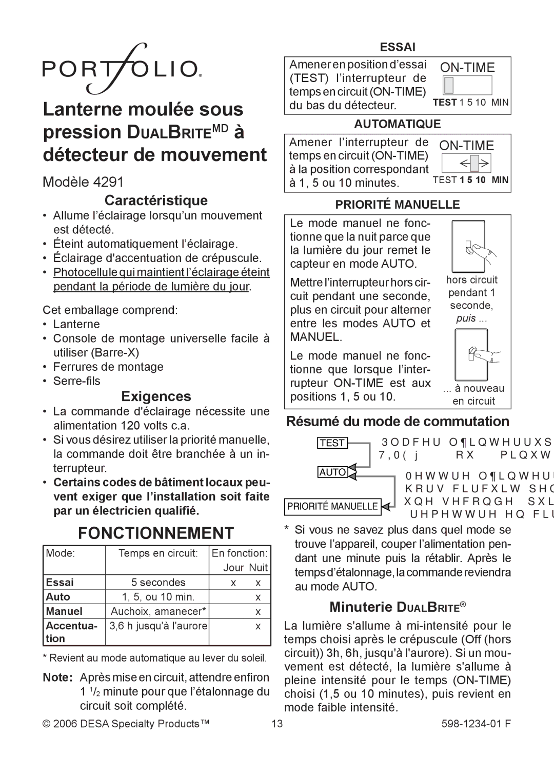 Desa 4291 warranty Fonctionnement, Caractéristique, Exigences, Résumé du mode de commutation, Minuterie Dualbrite 