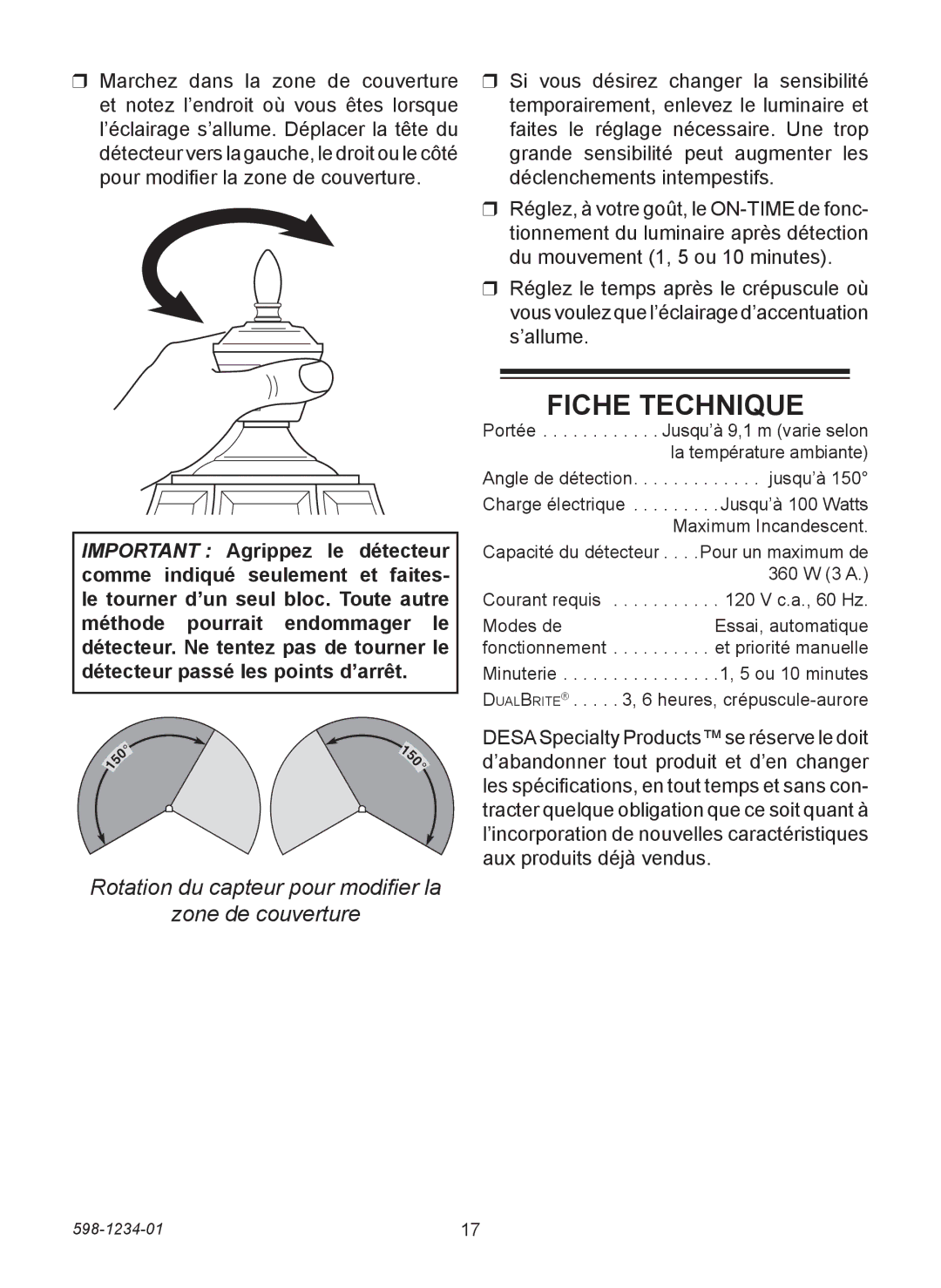 Desa 4291 warranty Fiche Technique, Rotation du capteur pour modiﬁer la Zone de couverture 