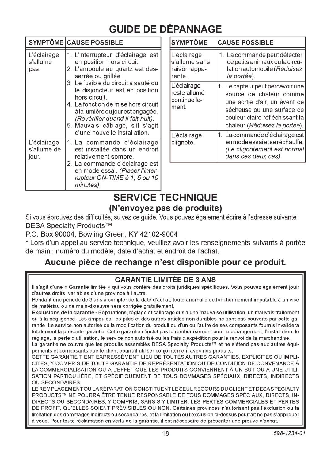 Desa 4291 warranty Guide DE Dépannage, Service Technique, Nenvoyez pas de produits, Garantie Limitée DE 3 ANS 