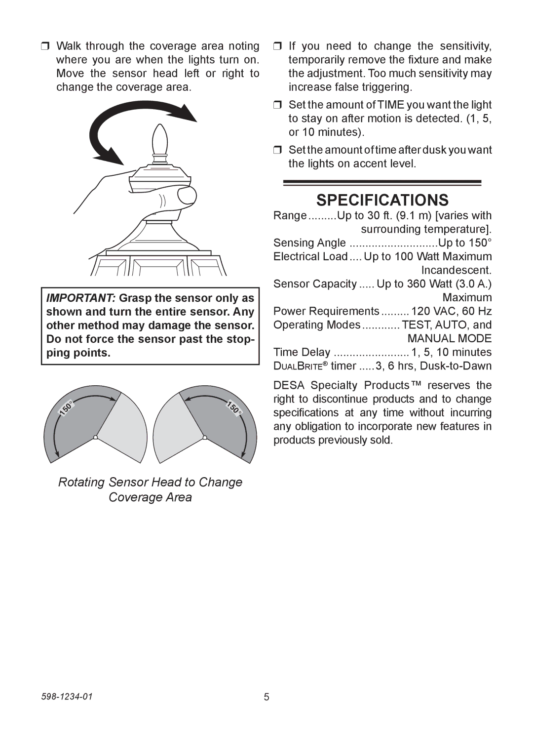 Desa 4291 warranty Specifications, Rotating Sensor Head to Change Coverage Area 